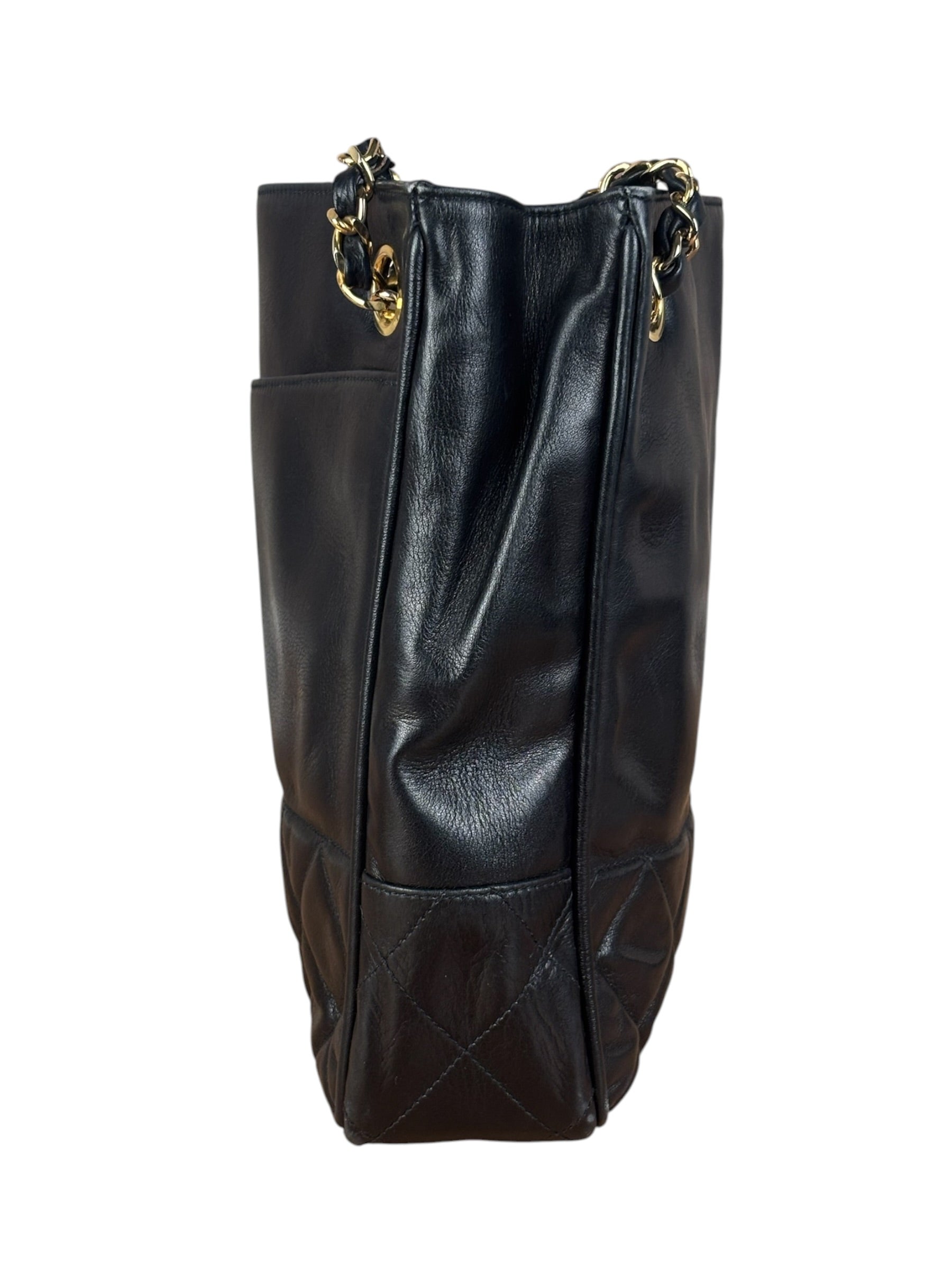 Chanel Vintage Black Leather Quilted Bottom Chain Tote Bag 1987
