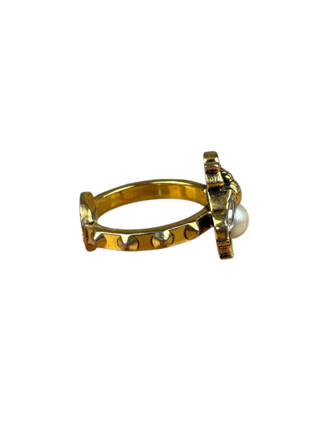 Gucci Crystal & Faux Pearl GG Bee Ring