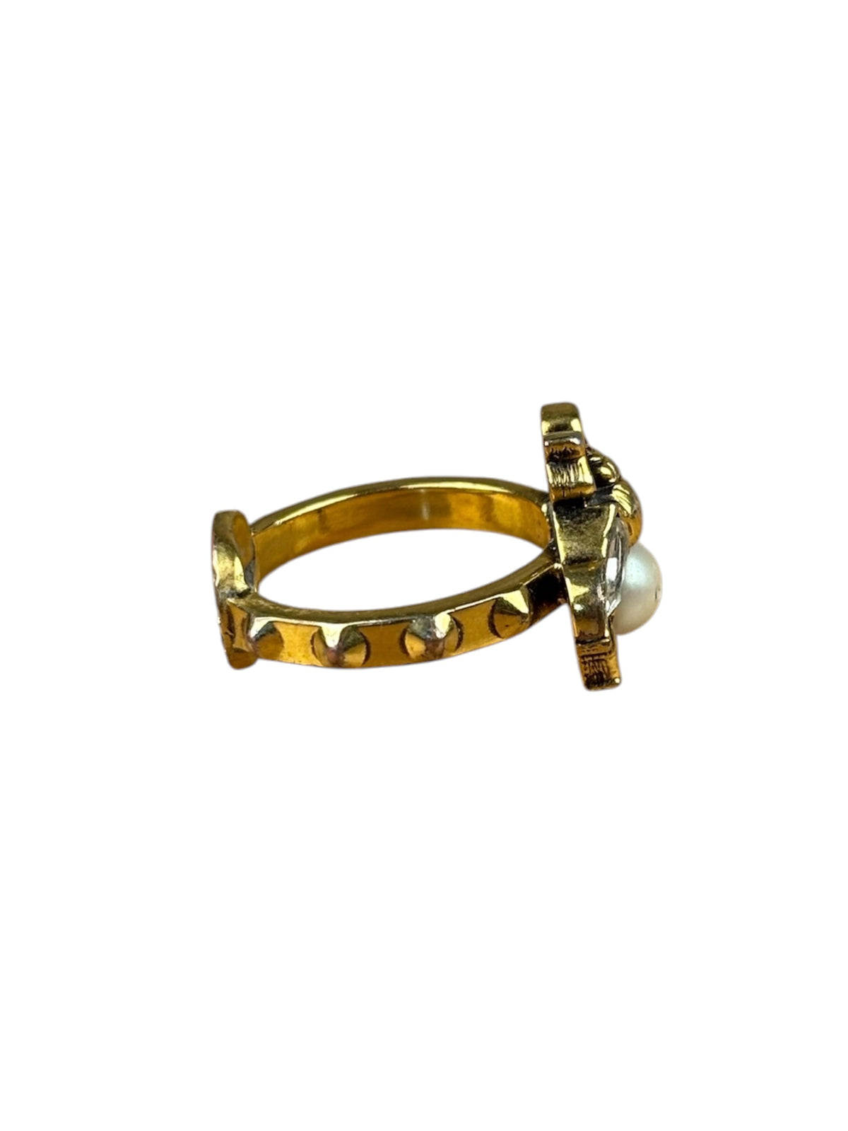Gucci Crystal & Faux Pearl GG Bee Ring