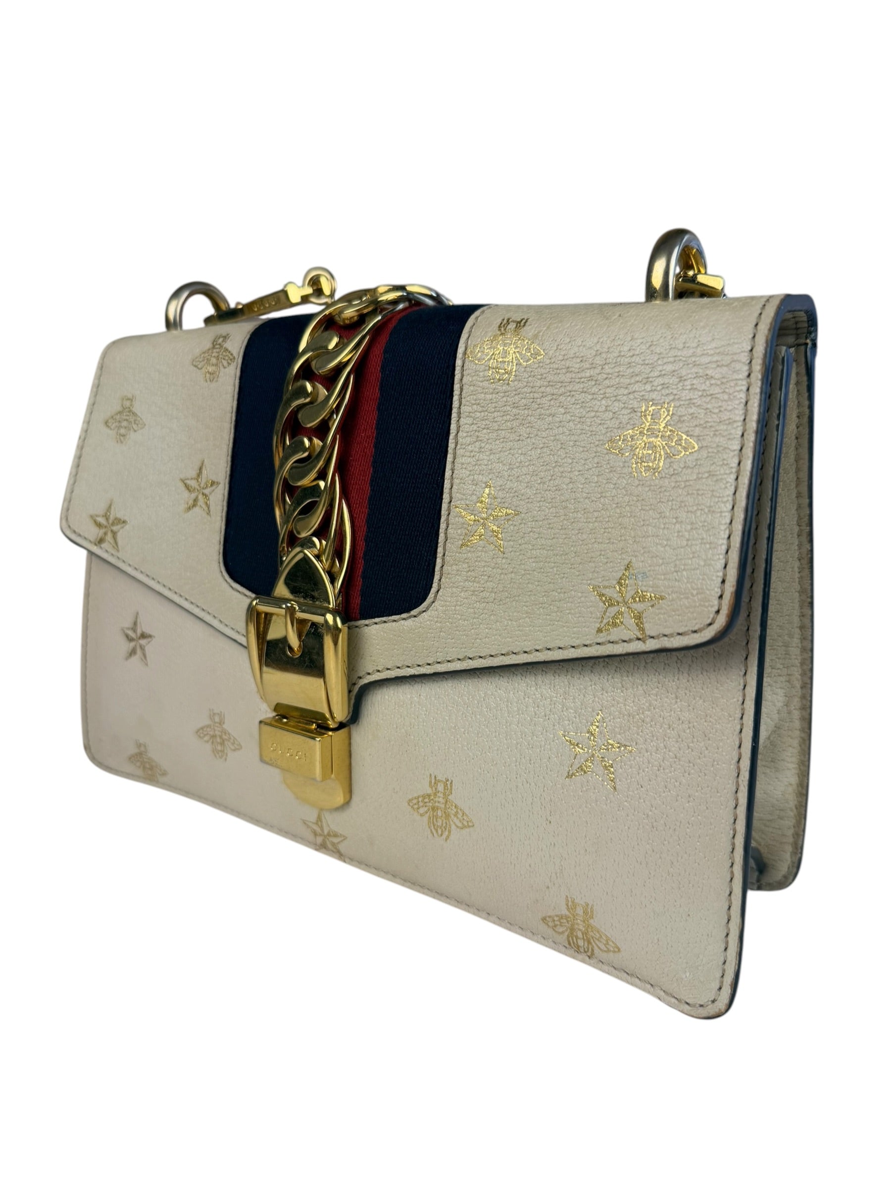 Gucci Textured Calfskin Bee Star Sylvie Shoulder Bag White