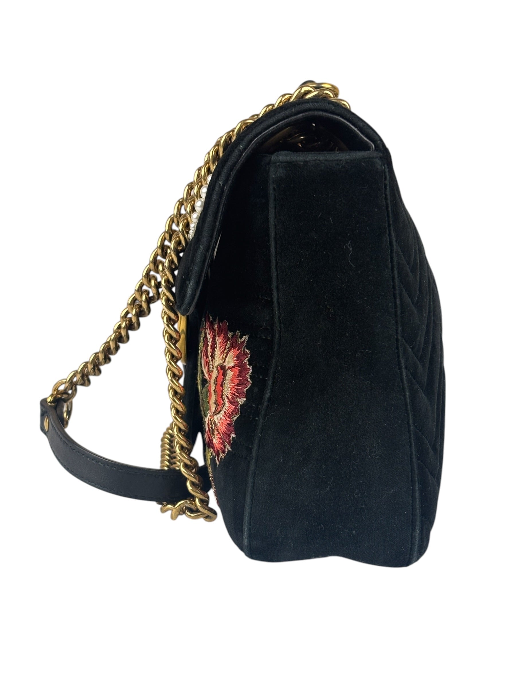 Gucci Black Velvet Marmont Floral Embroidered Shoulder Bag