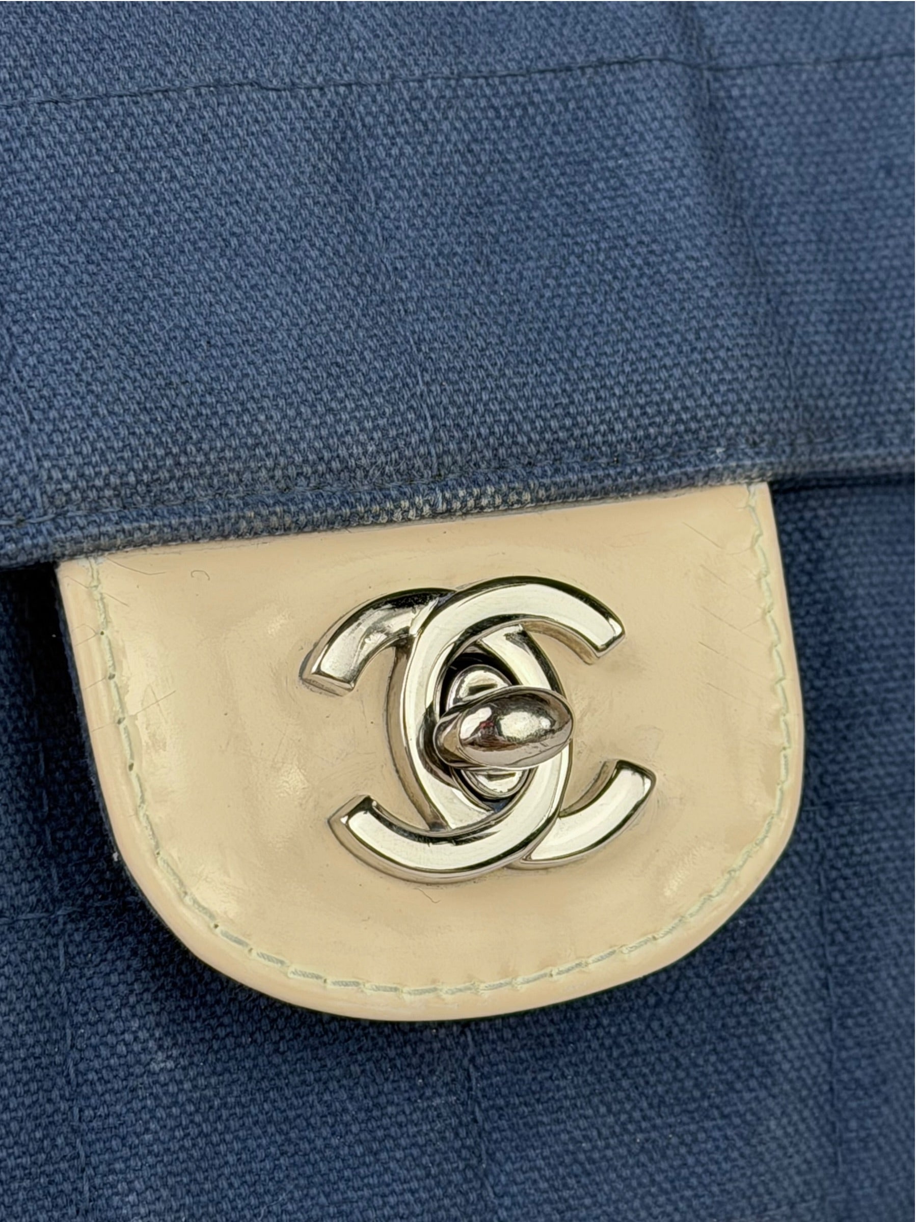 Chanel Blue/Cream Patent Leather Trim East-West Chocolate Bar Shoulder Bag 2002