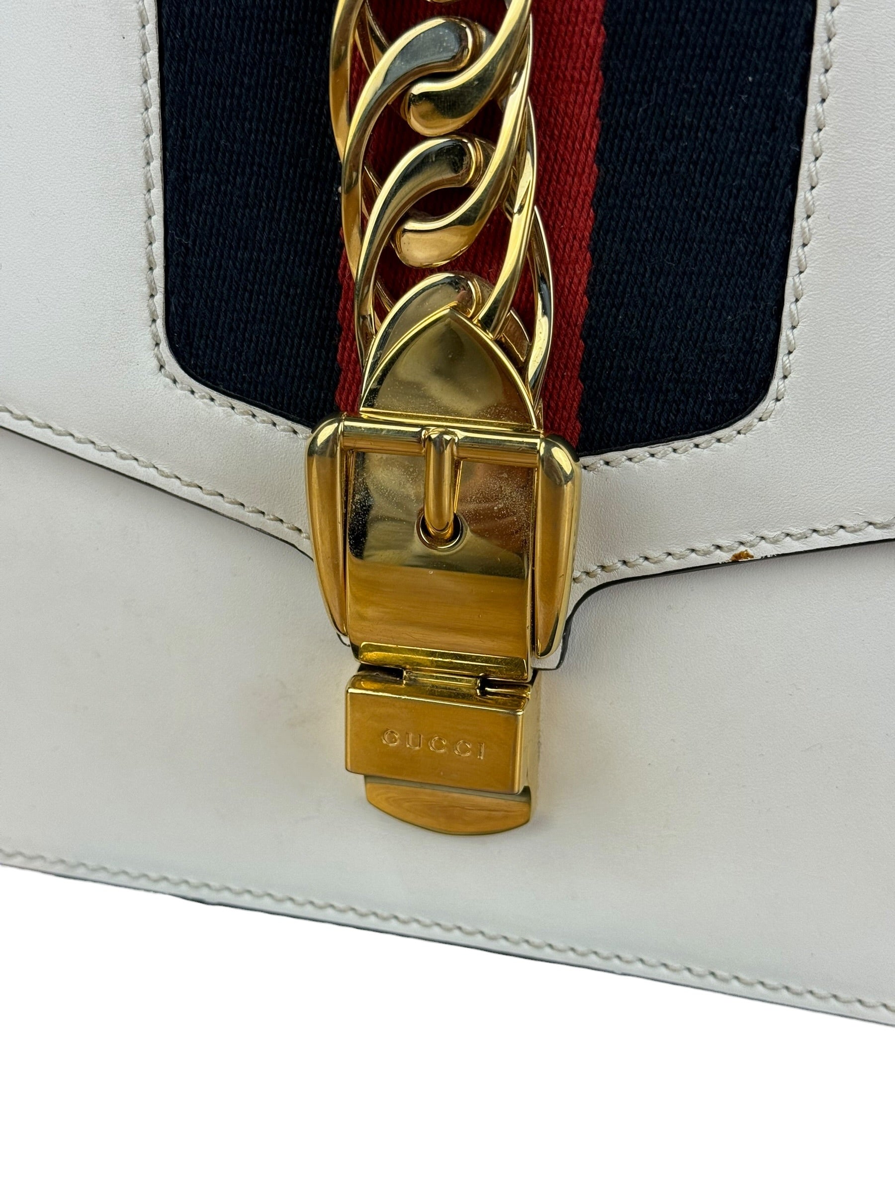 Gucci White Leather Sylvie Chain Shoulder Bag