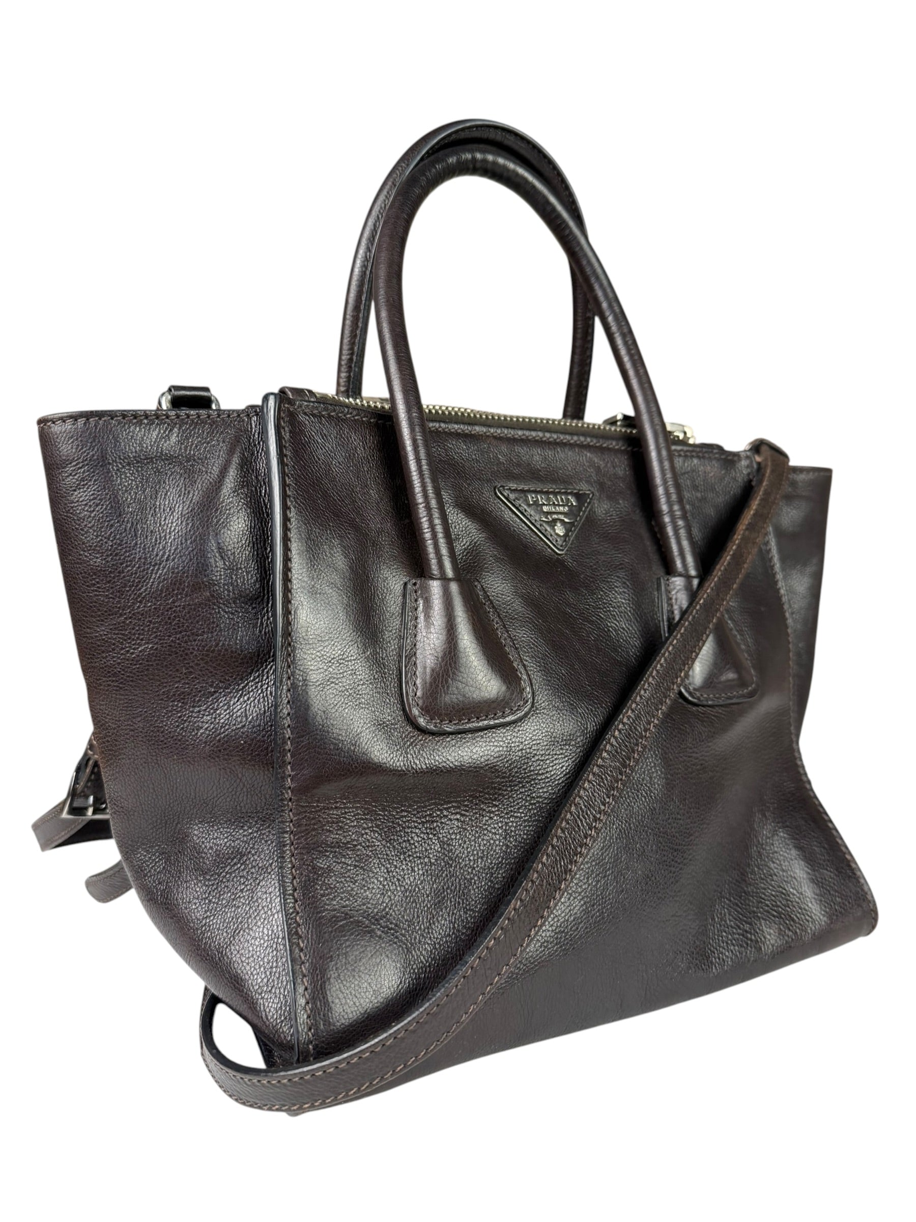 Prada Dark Brown Calf Leather Glace Twin-Pocket Tote