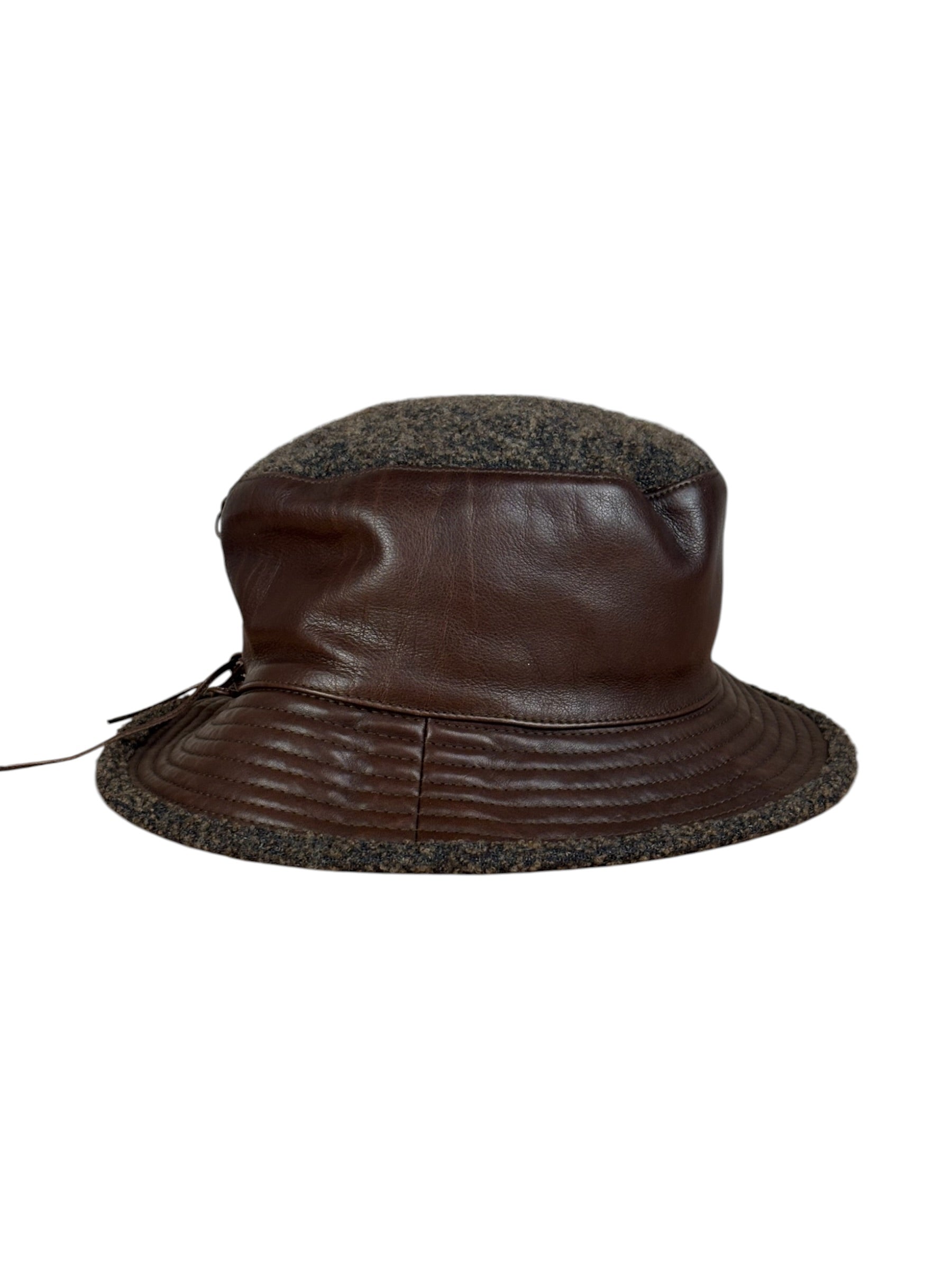 Hermes Vintage Brown Leather-Trimmed Motsch Bucket Hat