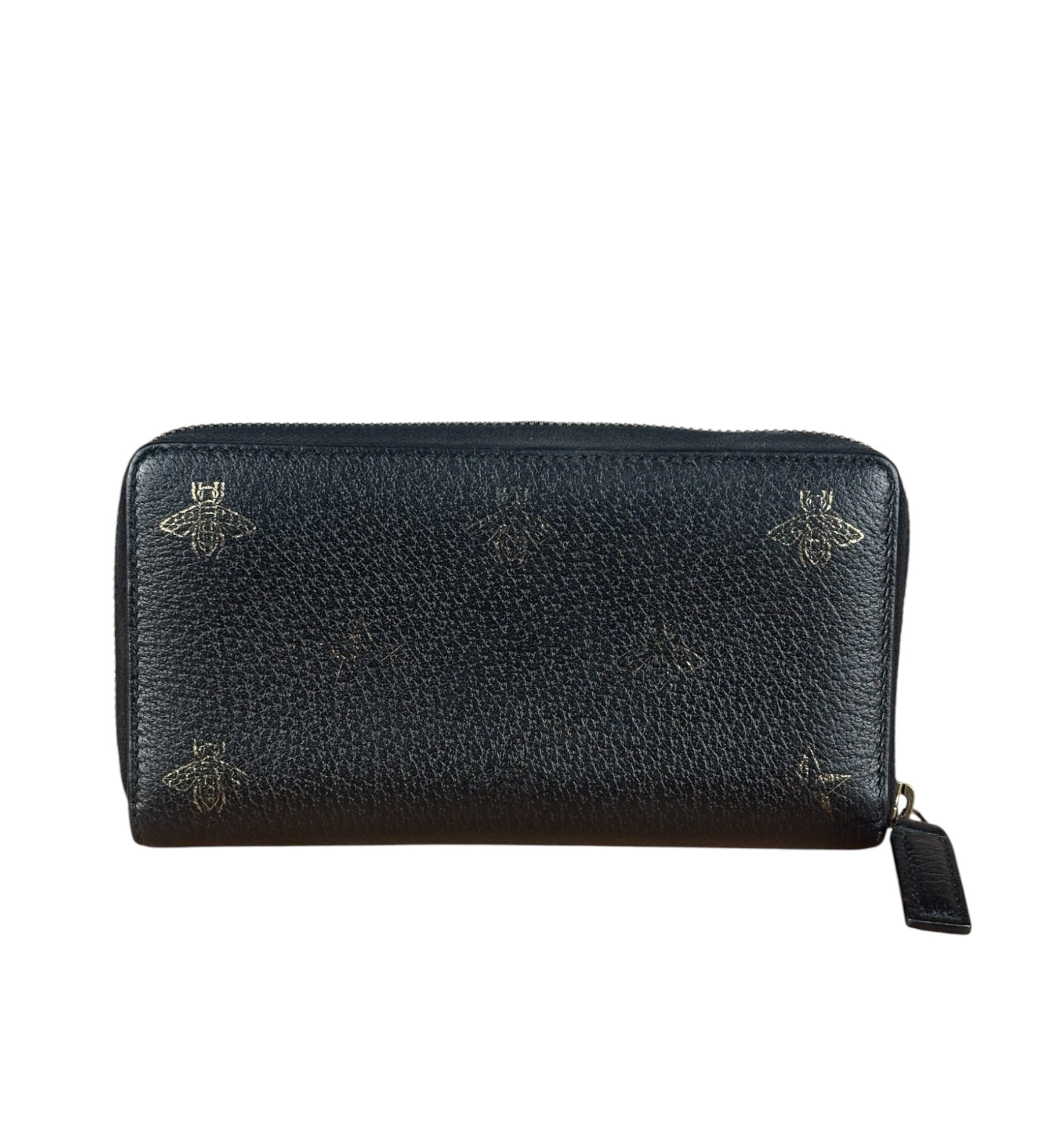 Gucci Black Leather Bee Long Zip Wallet