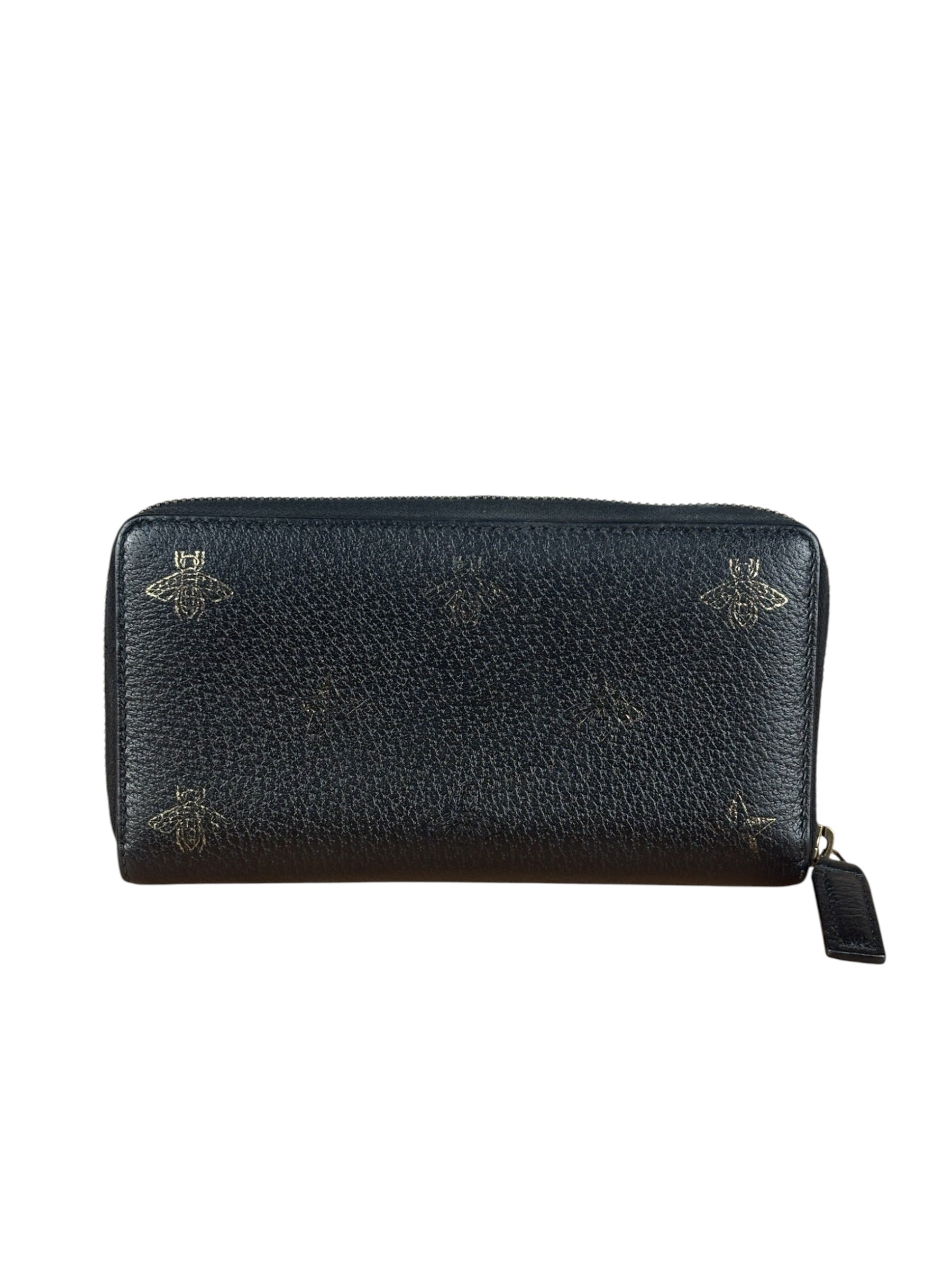 Gucci Black Leather Bee Long Zip Wallet