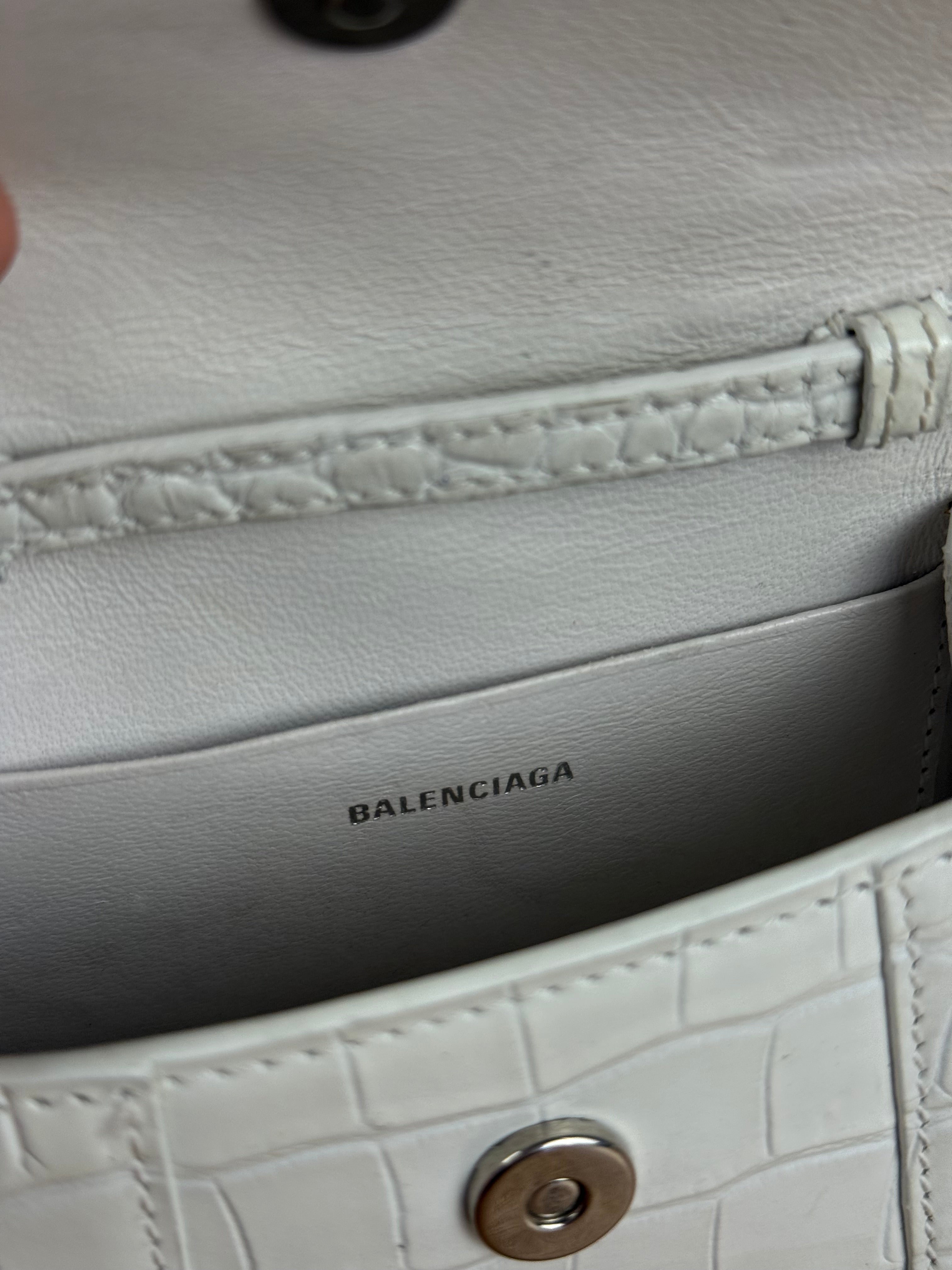 Balenciaga White Croc Embossed Nano Hourglass Bag