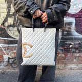 Chanel White Calfskin Quilted Python-Embossed Ligne Cambon Flat Tote Bag 2004