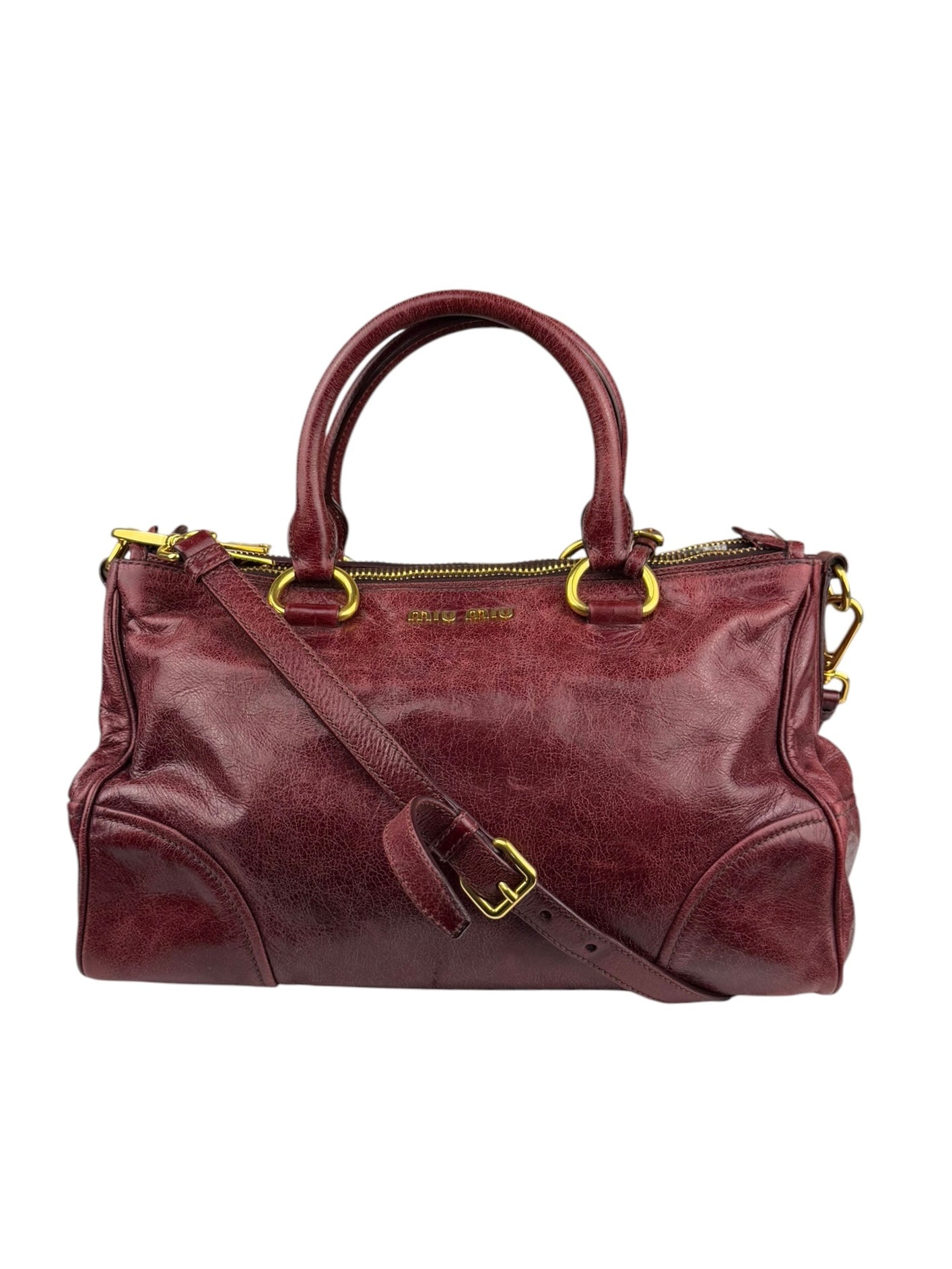 Miu Miu Amaranth Vitello Shine Leather Double Zip 2Way Handbag