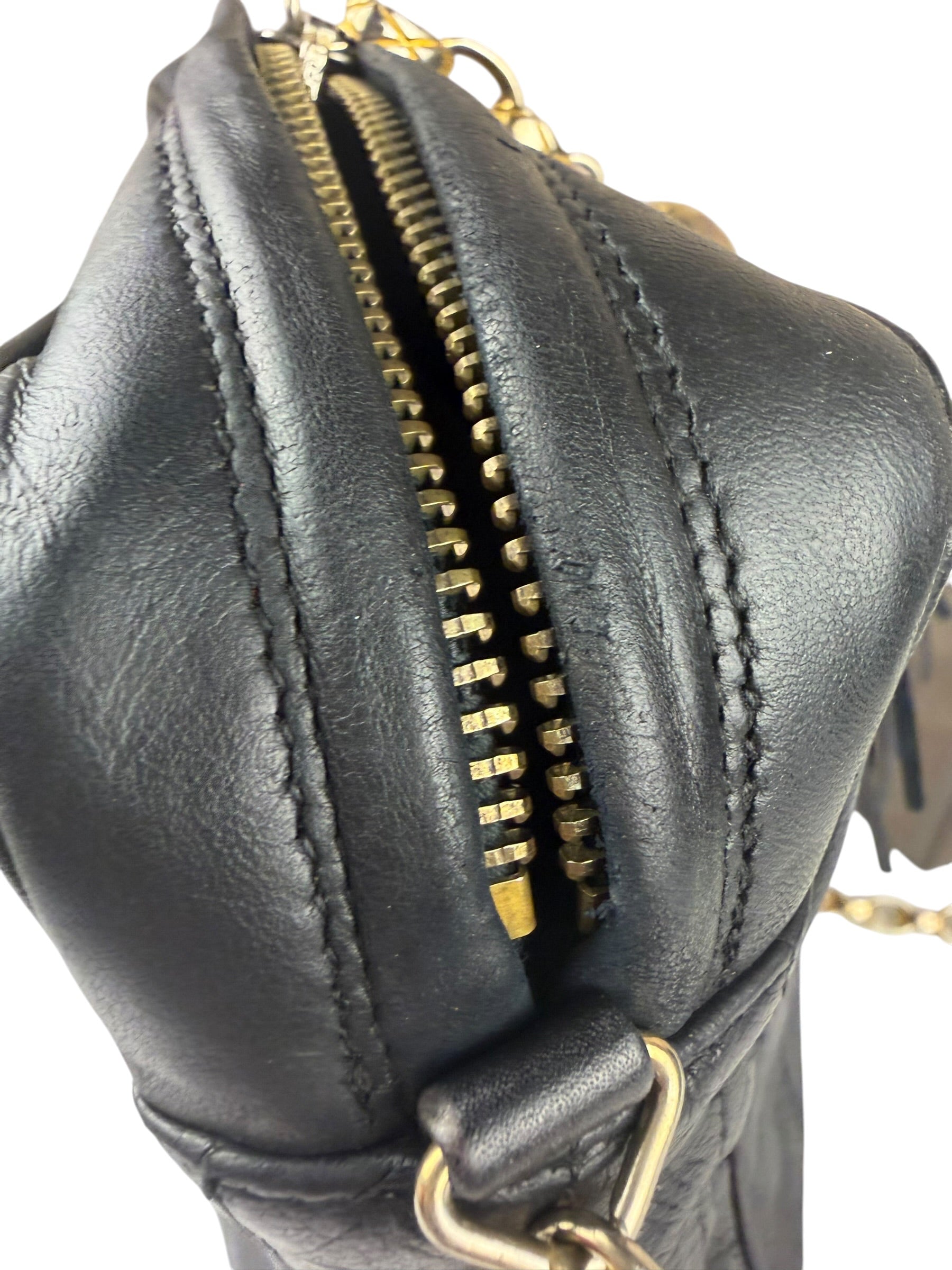 Chanel Vintage Black Leather Mademoiselle Vertical Quilted Shoulder Bag 1990's