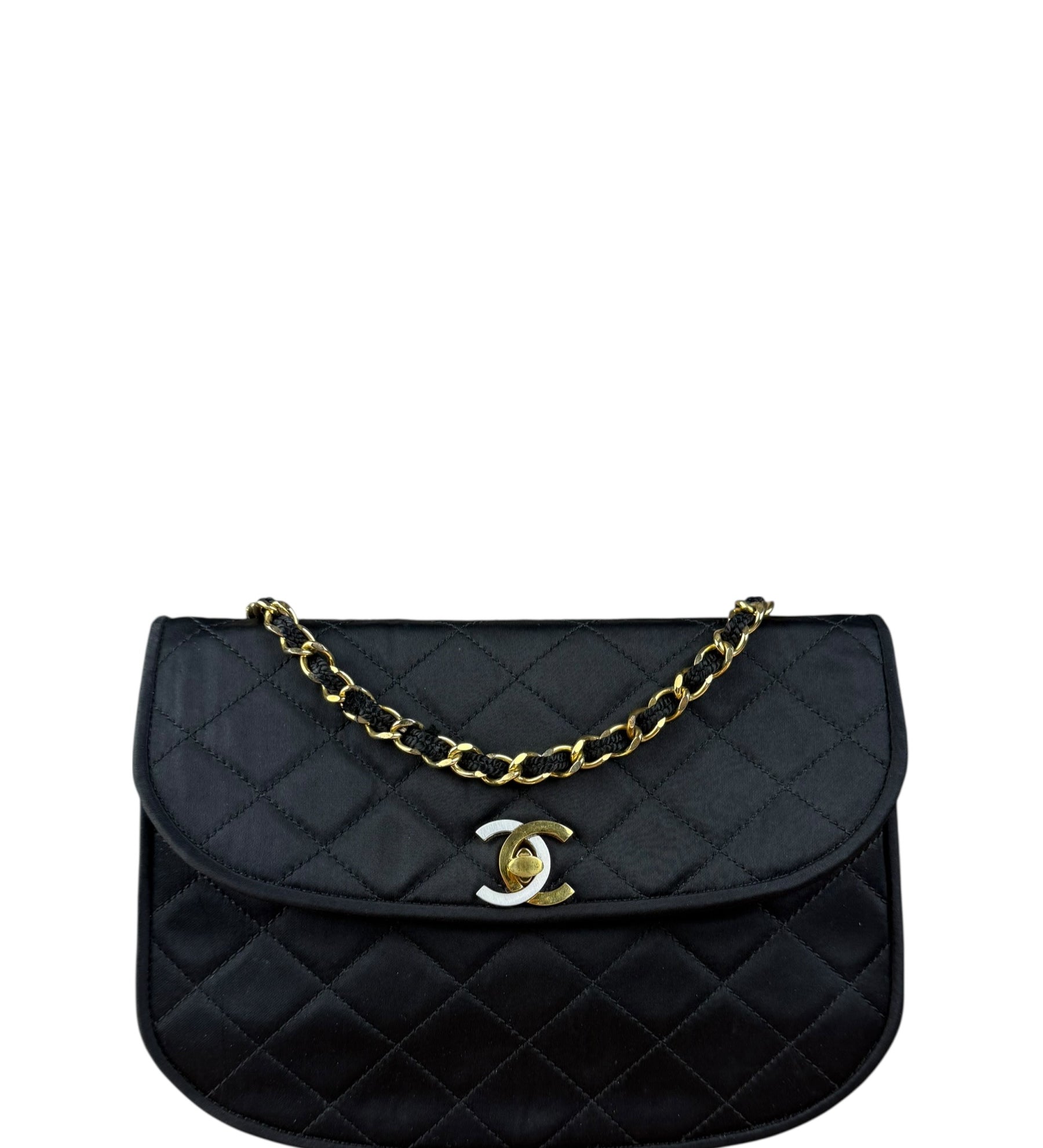Chanel Vintage CC Black Satin Half-Moon Flap Bag 1991