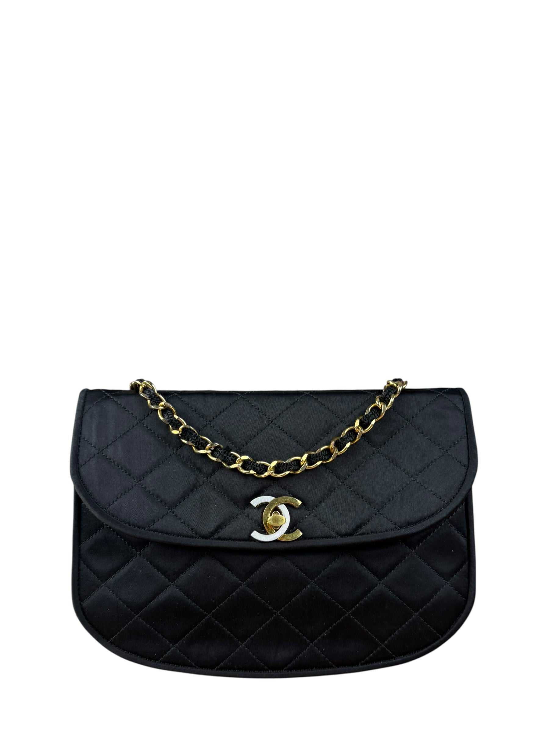 Chanel Vintage CC Black Satin Half-Moon Flap Bag 1991