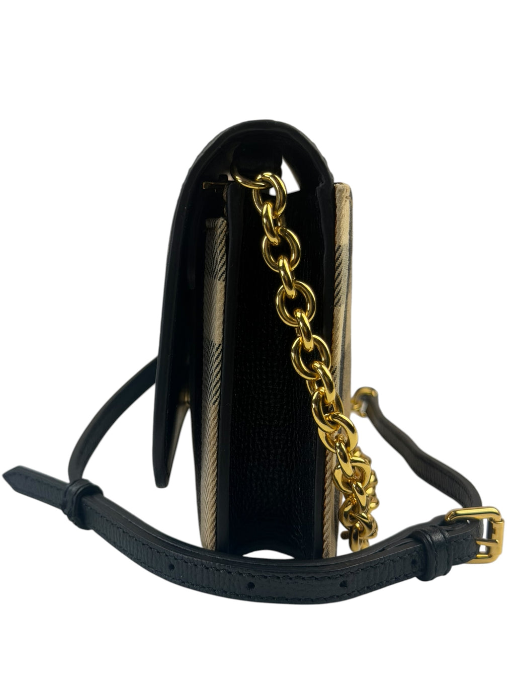 Burberry Black Leather House Check Flap Wallet On Chain
