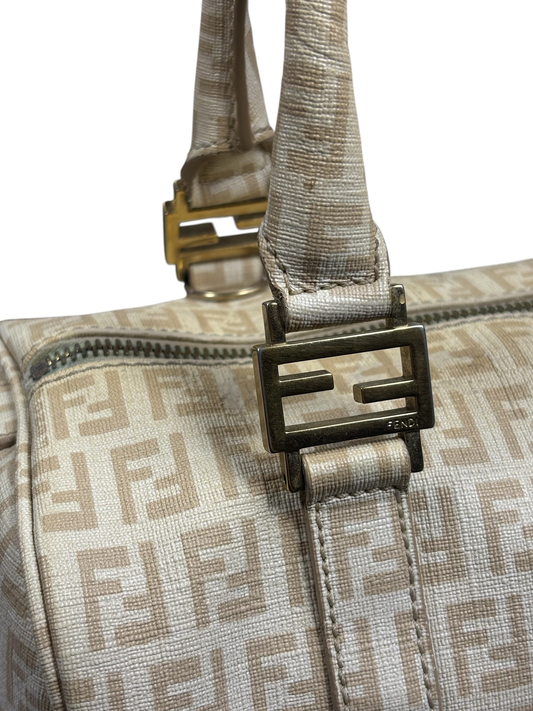 Fendi Beige Leather Trim Zucca Boston Bag