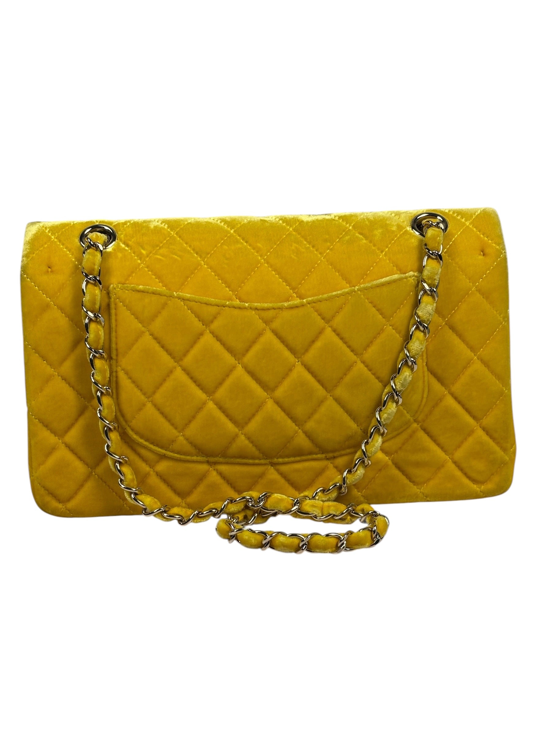Chanel Yellow Quilted Velvet/Leather Double Flap Bag 2015