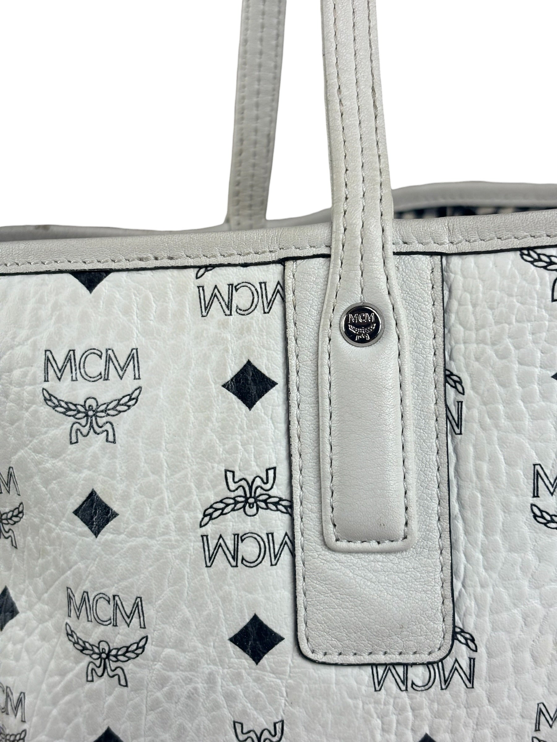 MCM White Leather Reversible Liz Shopper In Visetos Tote Bag