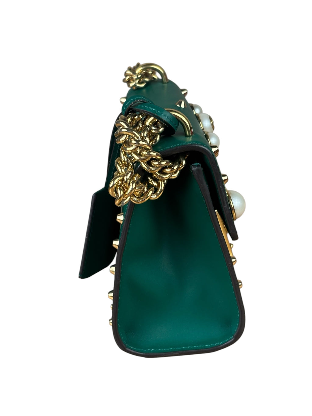 Gucci Green Leather Faux Pearls & Studs Small Padlock Bag