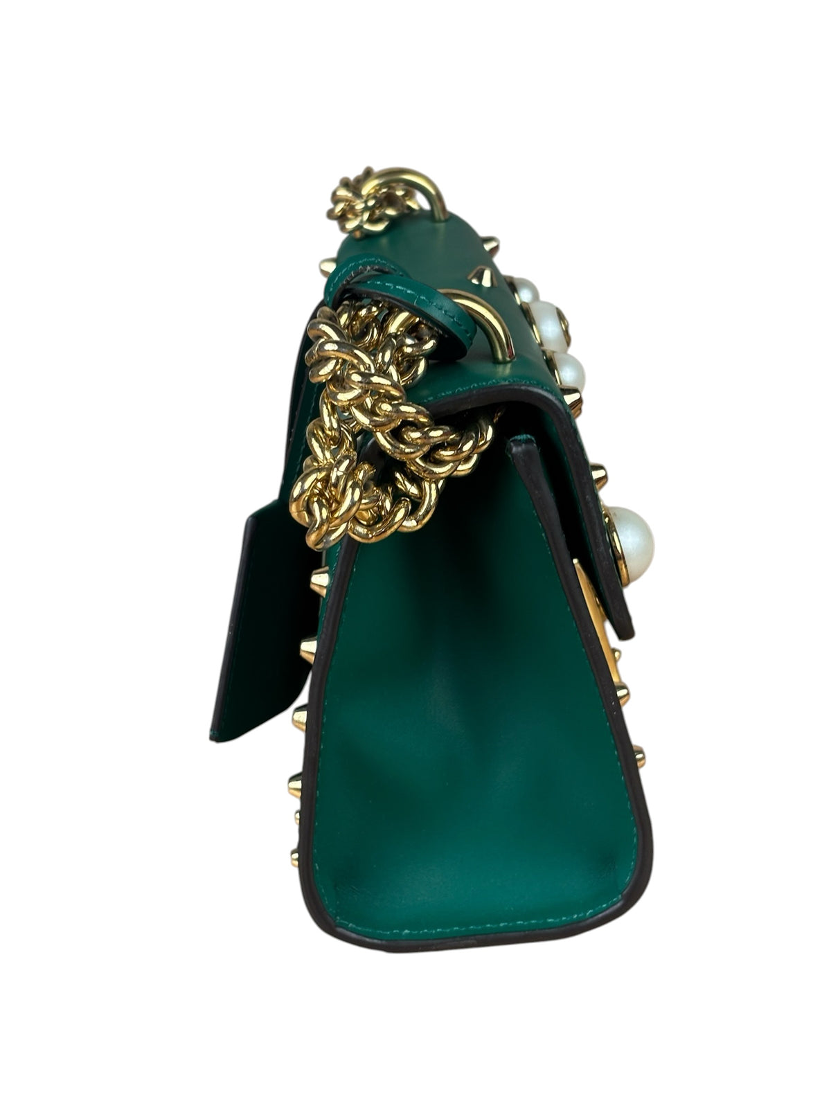 Gucci Green Leather Faux Pearls & Studs Small Padlock Bag