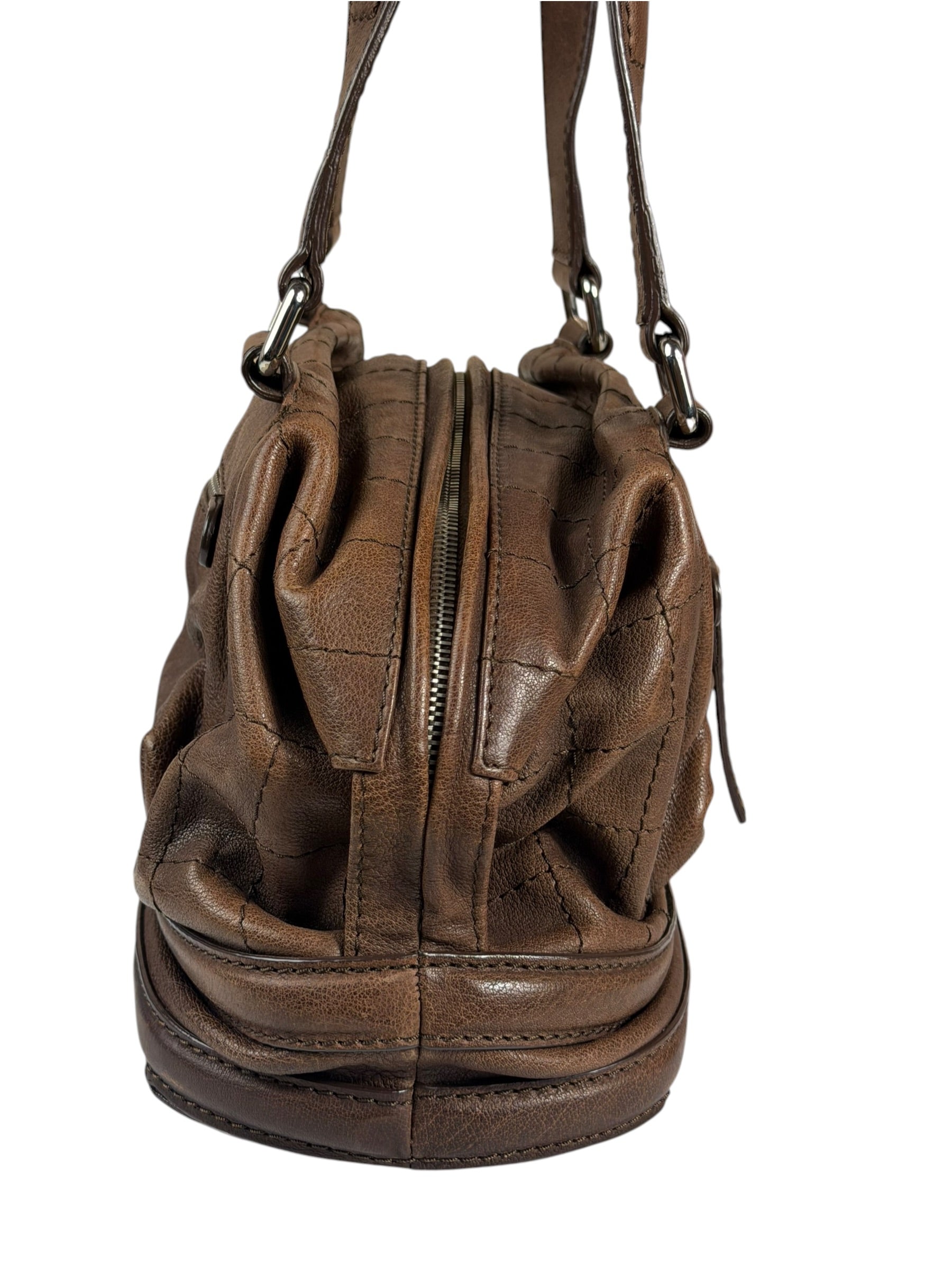 Chanel Brown Leather Essential Square Stitch Bowler Bag 2007