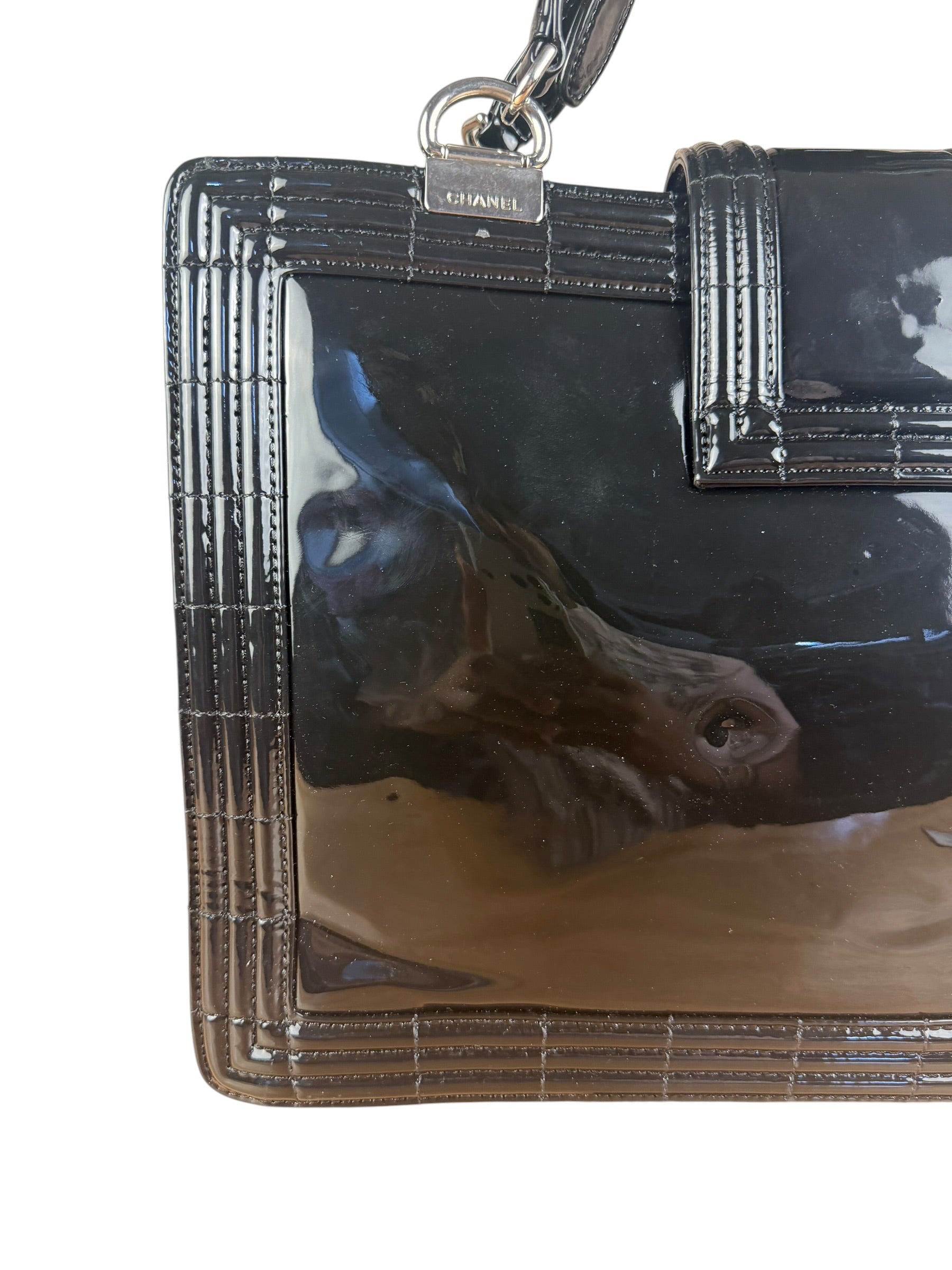 Chanel Black Patent Leather Boy Tote Two-Way Bag 2012