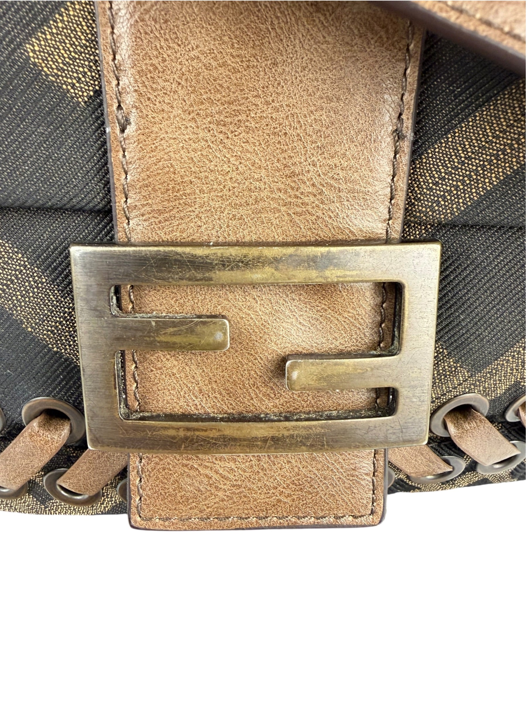 Fendi Vintage Brown Leather Trim Zucca Whipstitch XL Baguette