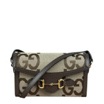 Gucci Brown Leather Trim Monogram Jumbo GG Mini Shoulder Bag