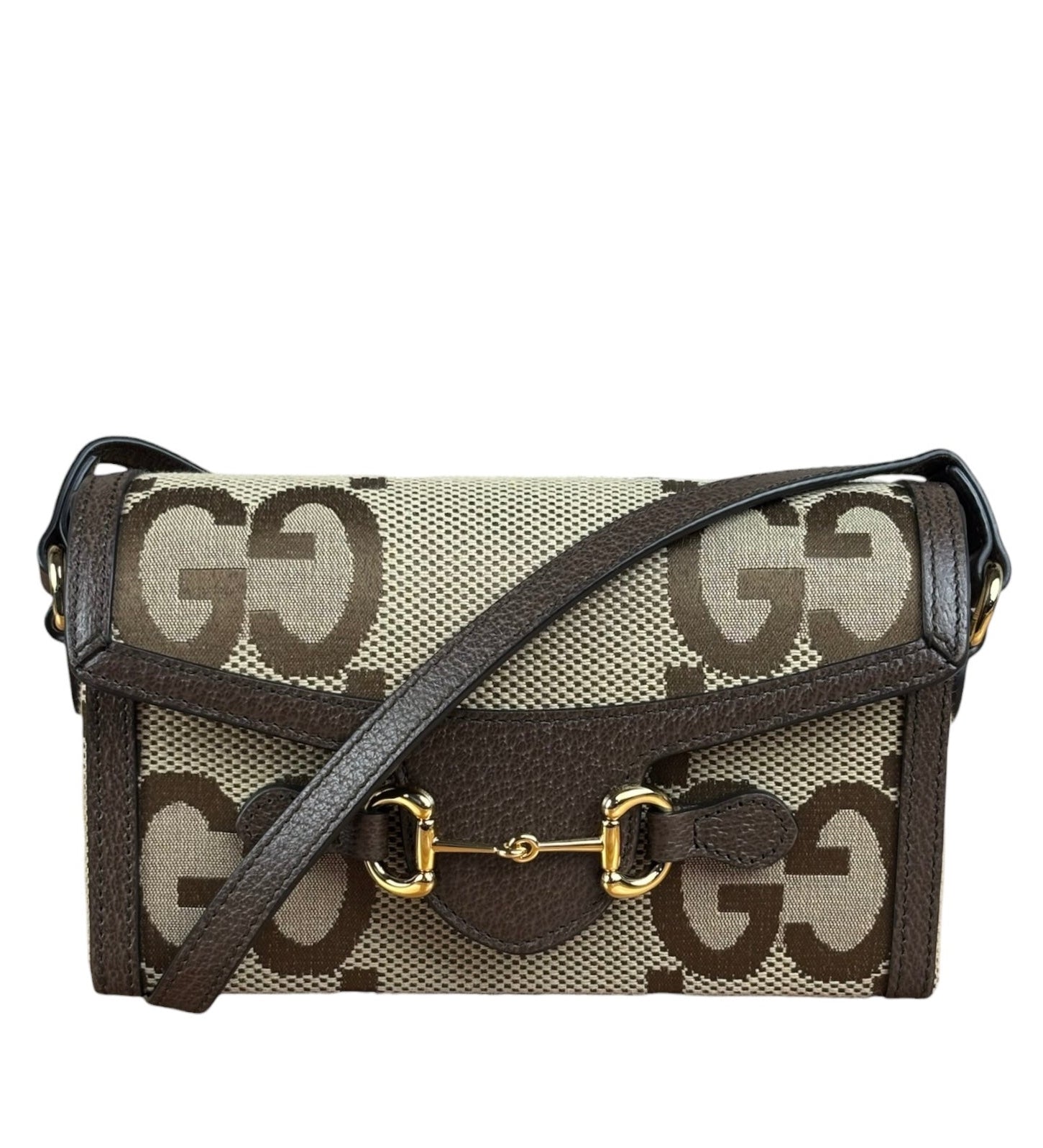 Gucci Brown Leather Trim Monogram Jumbo GG Mini Shoulder Bag