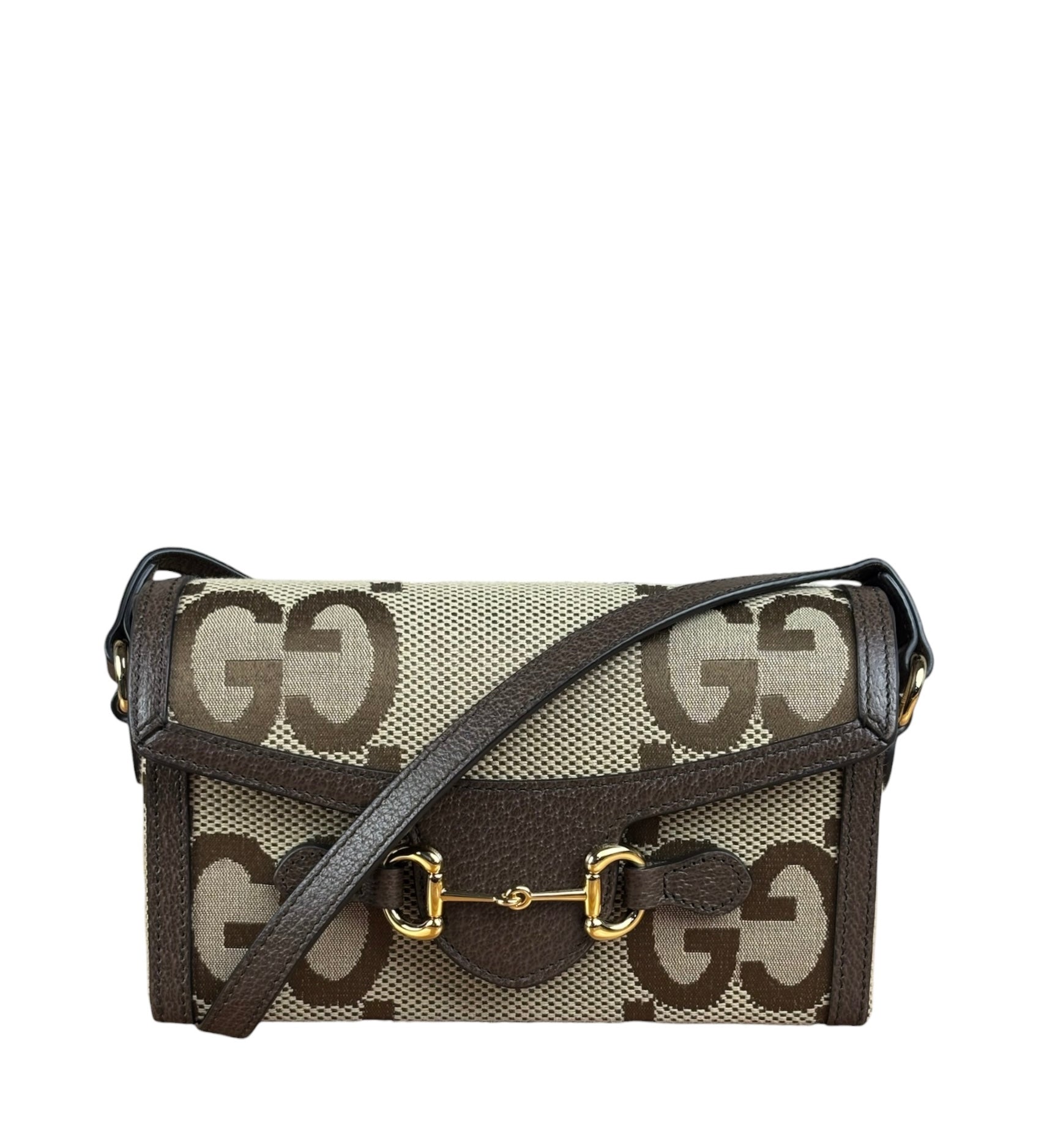 Gucci Brown Leather Trim Monogram Jumbo GG Mini Shoulder Bag