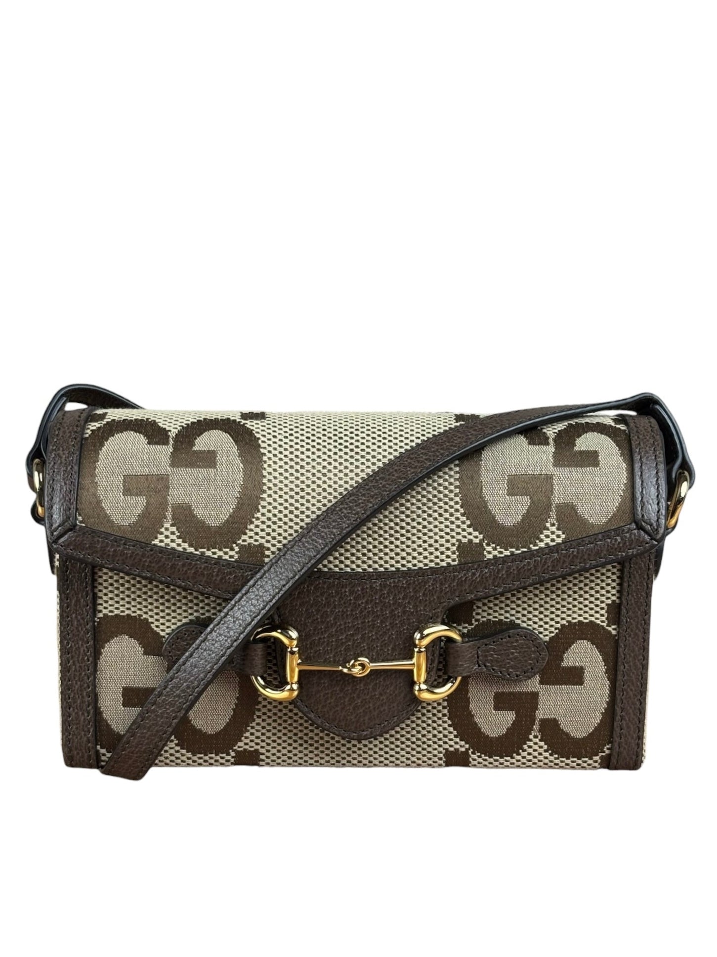Gucci Brown Leather Trim Monogram Jumbo GG Mini Shoulder Bag