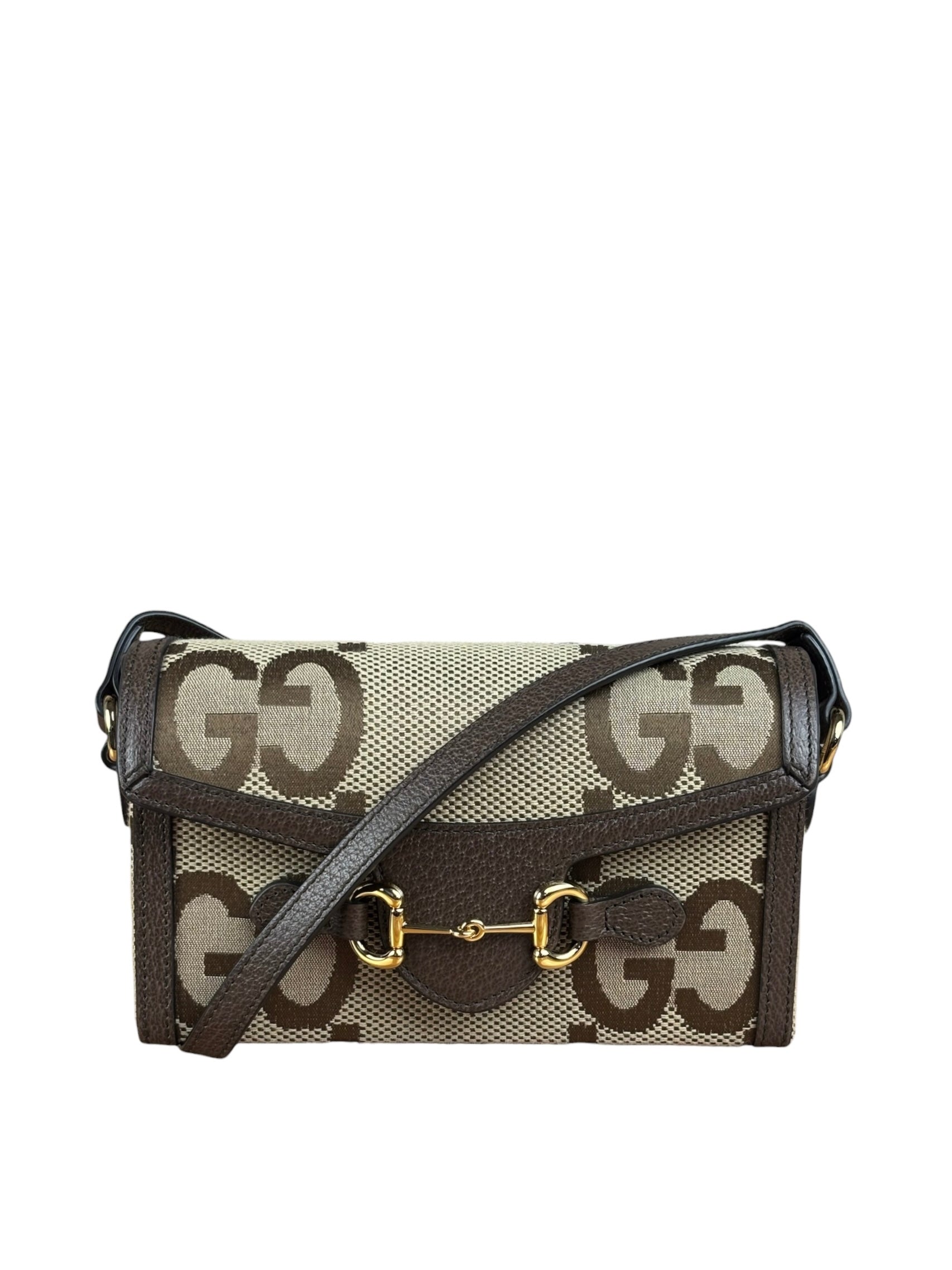 Gucci Brown Leather Trim Monogram Jumbo GG Mini Shoulder Bag