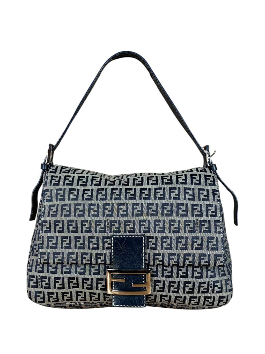 Fendi Navy/Grey Leather Trim Zucca Mamma Baguette