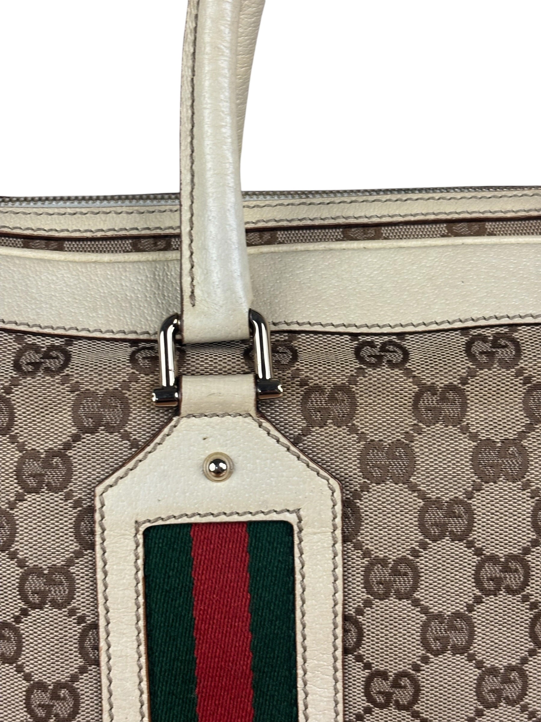 Gucci Leather Trim Monogram Canvas Web Stripe Tote Bag