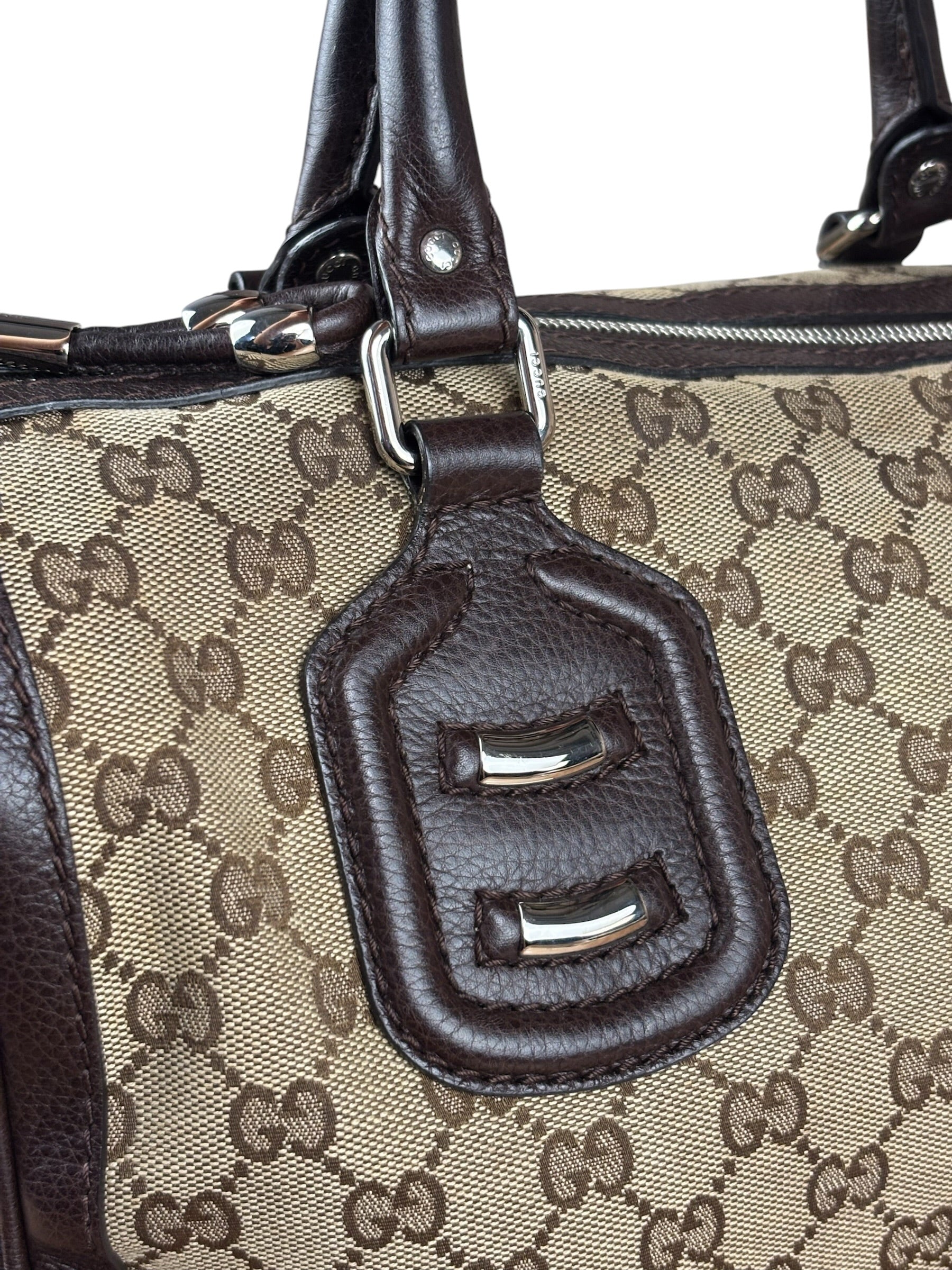 Gucci GG Leather Trim Canvas Techno Boston Handbag