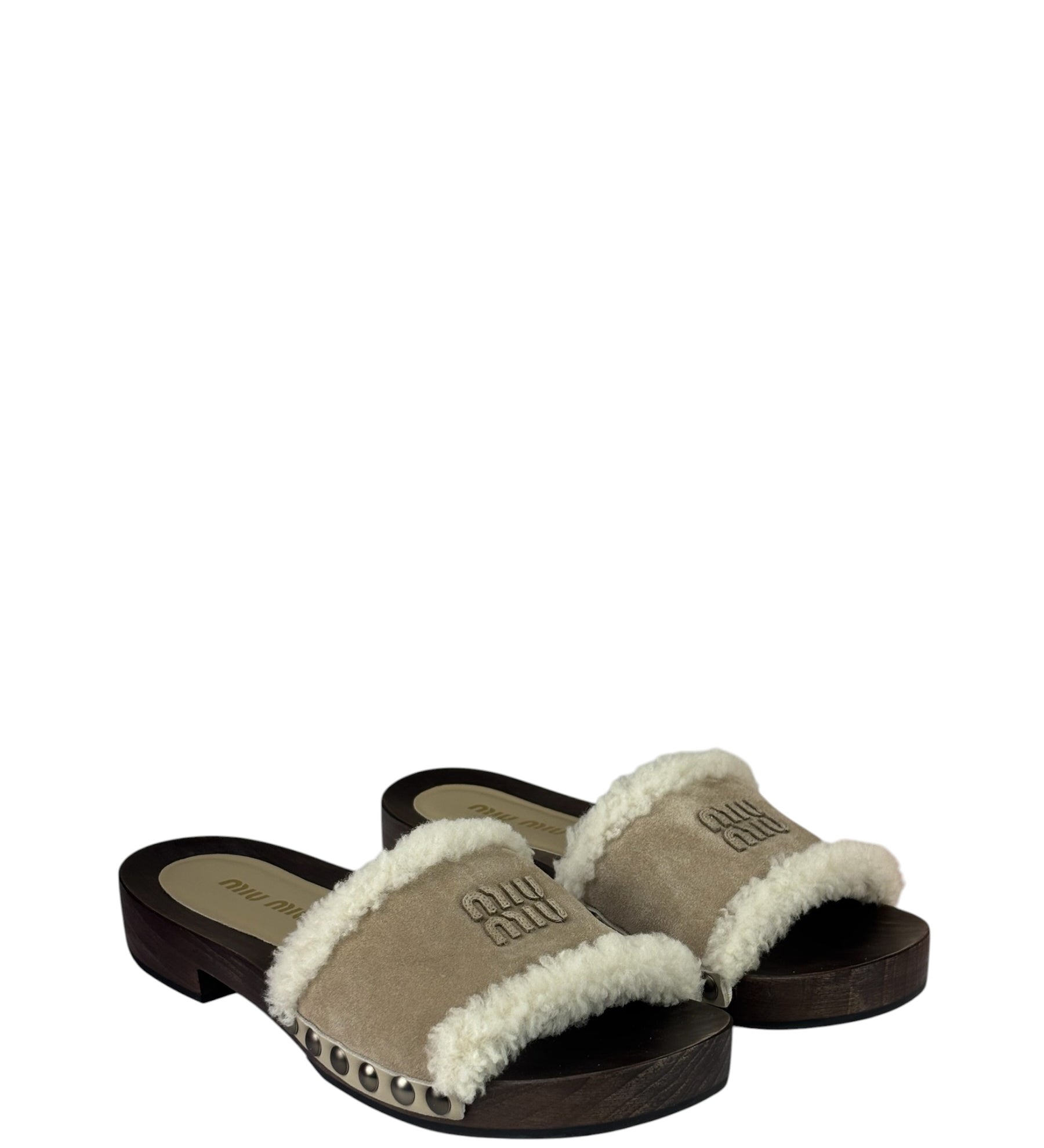 Miu Miu Suede Lining Dyed Sheep Fur Wooden Sandals