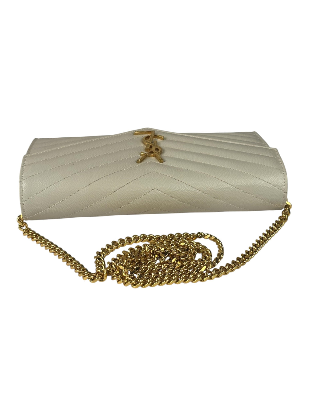 YSL Cream Pebbled Leather Cassandre Envelope Small Wallet On Chain