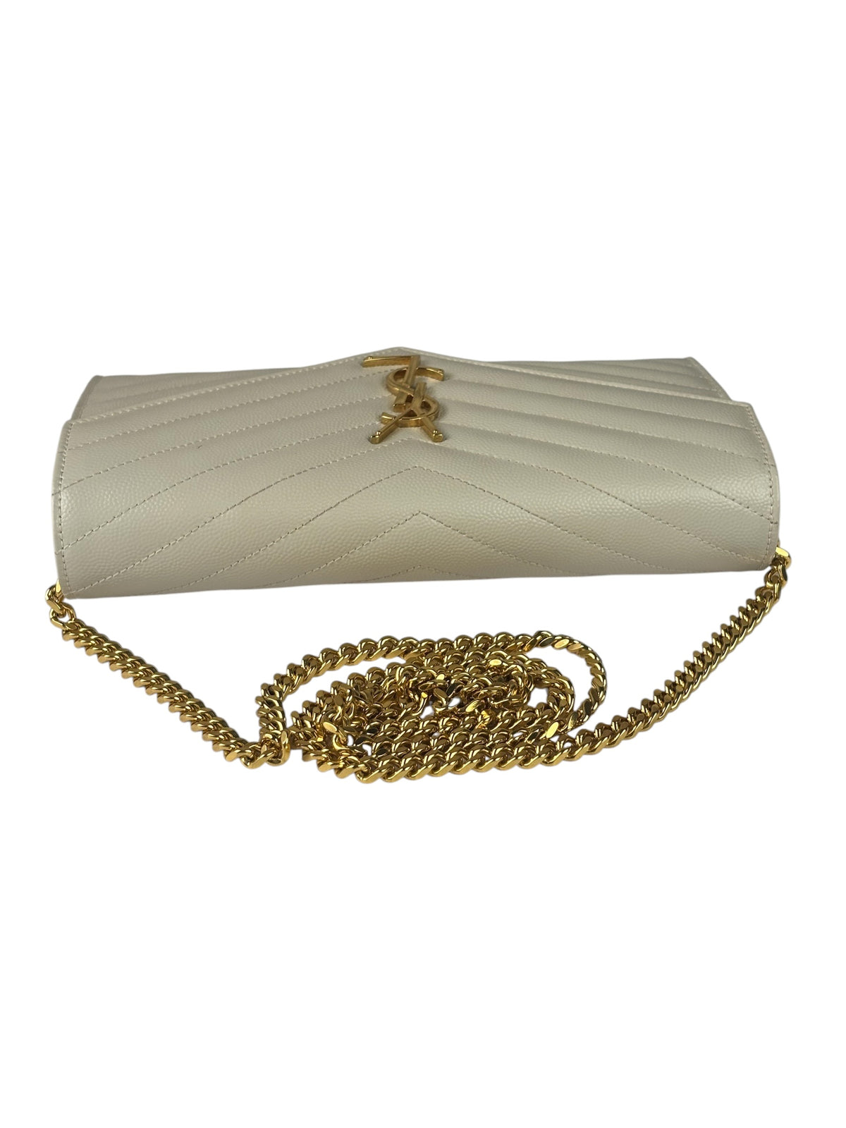 YSL Cream Pebbled Leather Cassandre Envelope Small Wallet On Chain