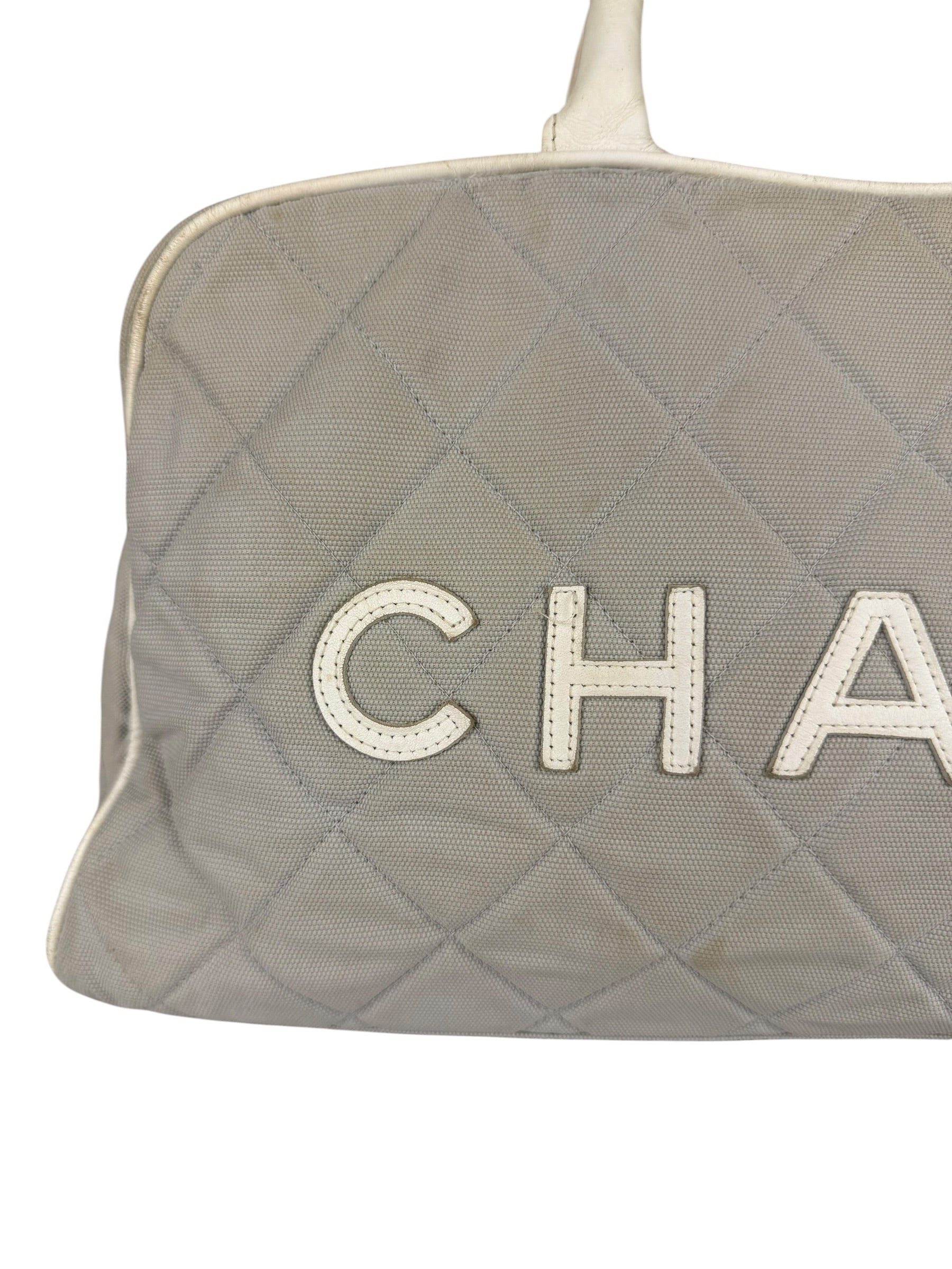 Chanel Vintage Grey Quilted Woven Sports Line Canvas Bowler Bag  2001