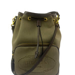 Prada Tan Beige Leather Trim Jaquard Canvas Bucket Bag