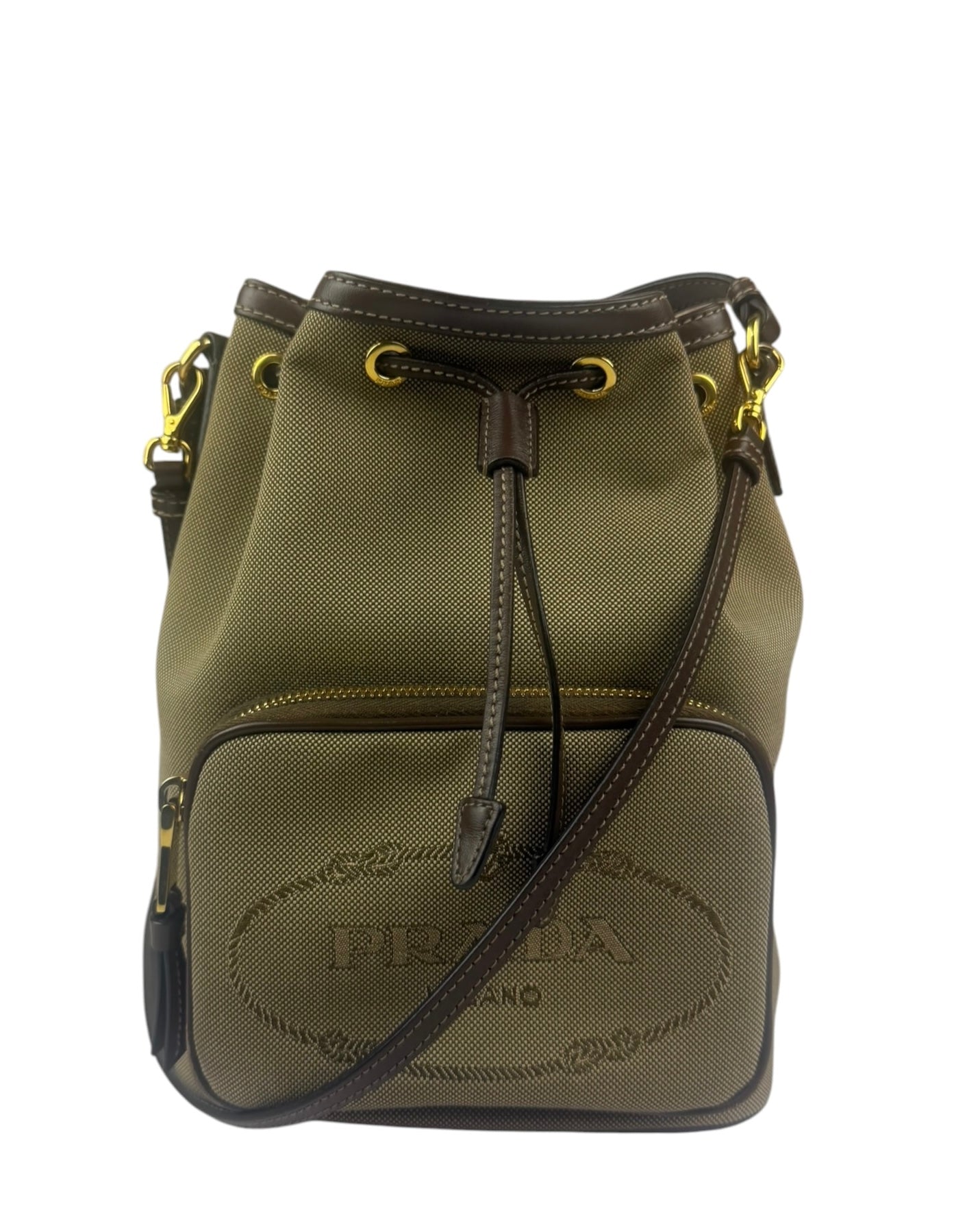 Prada Tan Beige Leather Trim Jaquard Canvas Bucket Bag