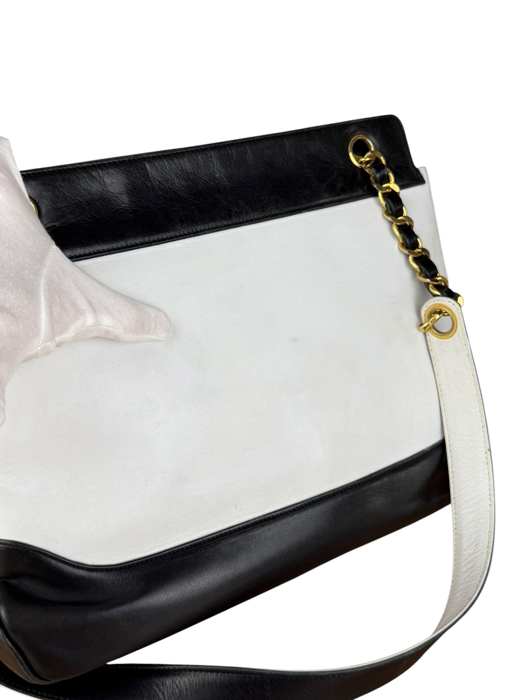 Chanel Vintage Black/White Leather CC Chain Tote '89-'91