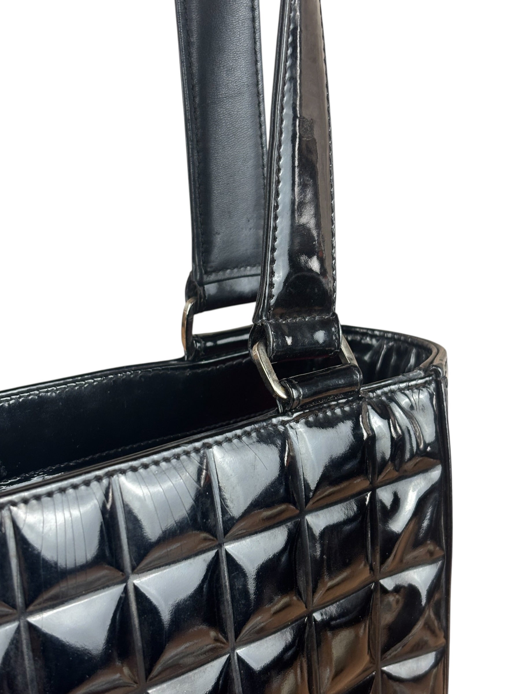 Chanel Vintage Black Patent Leather Chocolate Bar Tote Bag 2002