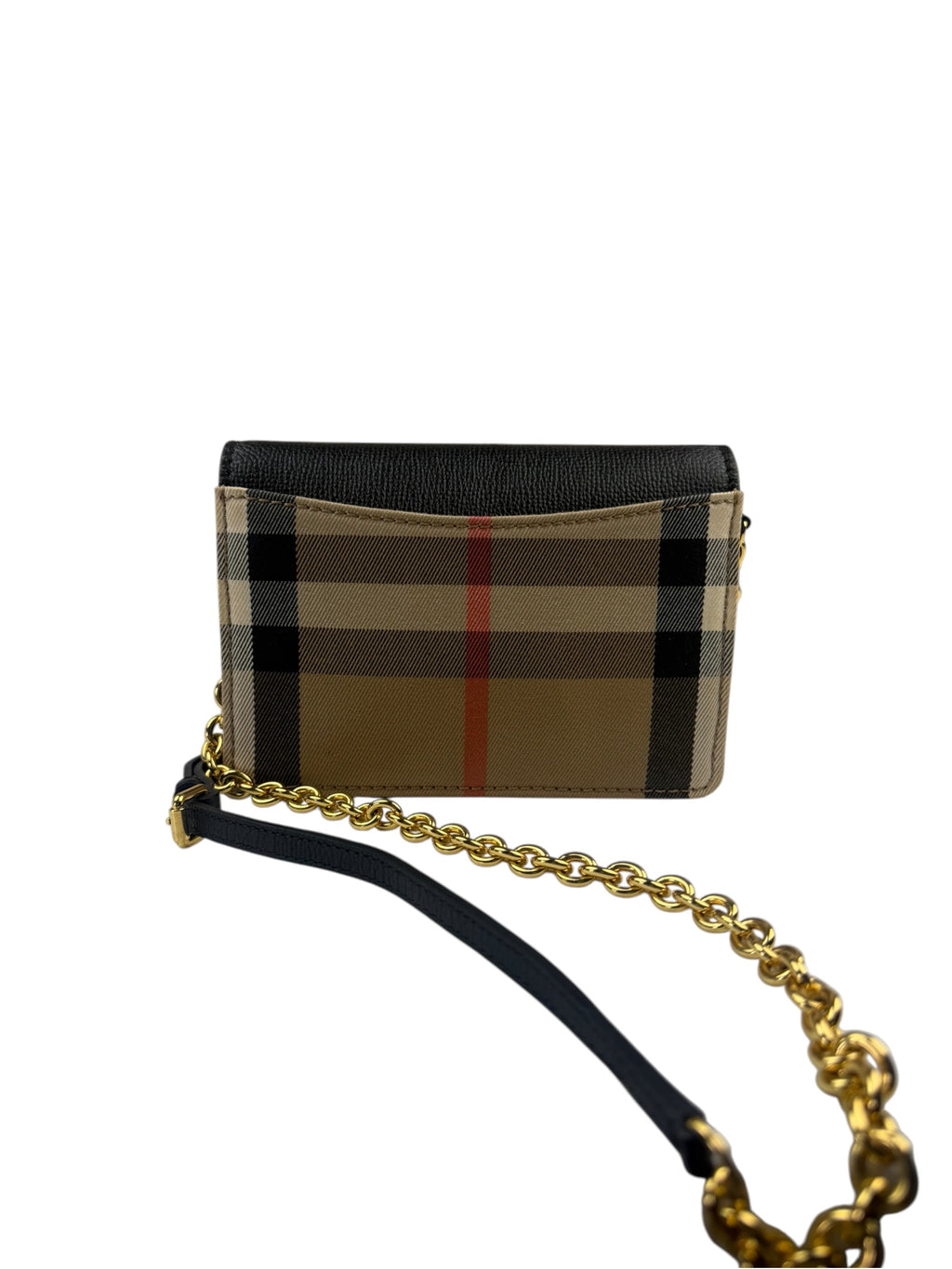 Burberry Black Leather House Check Flap Wallet On Chain