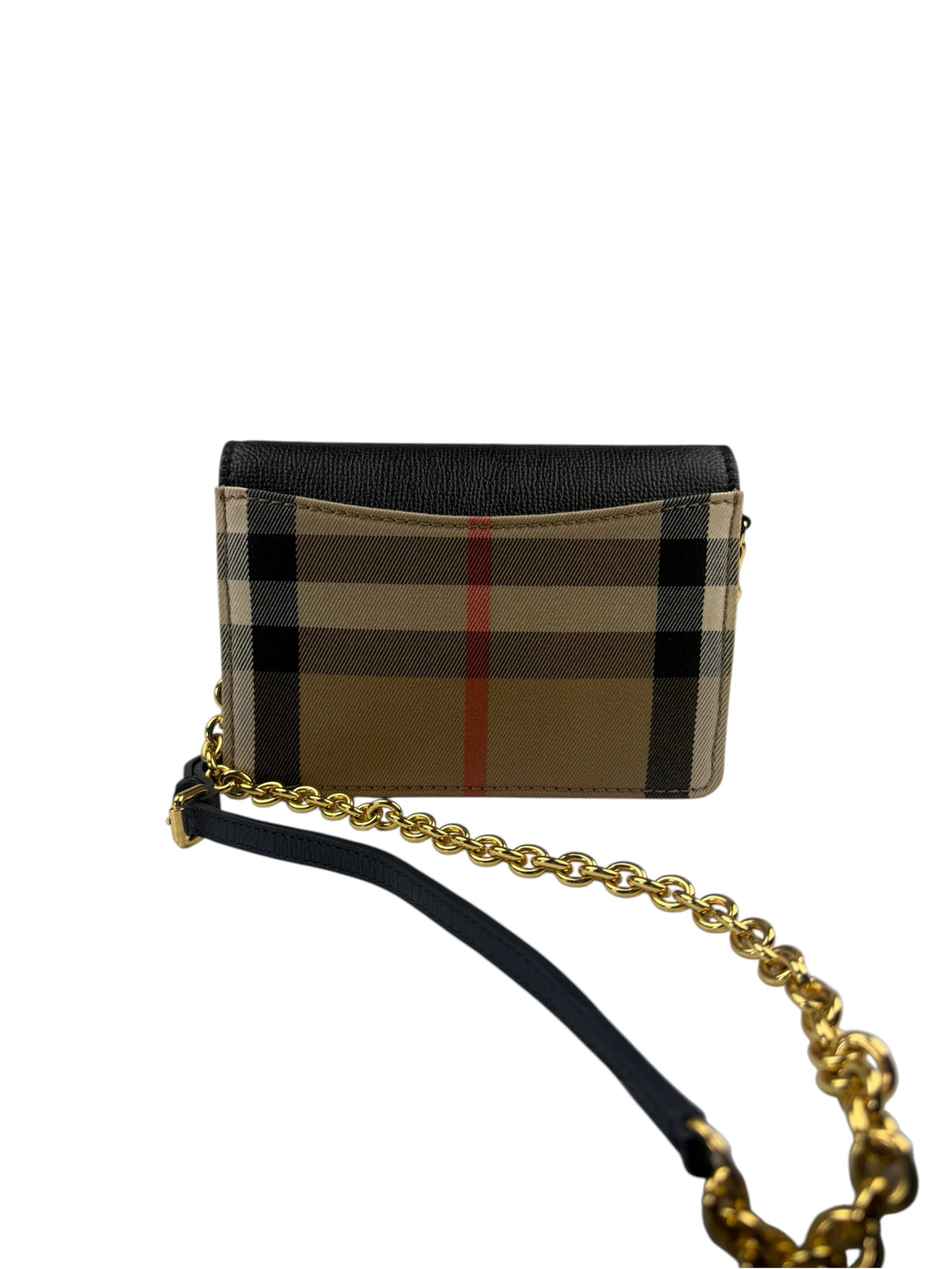 Burberry Black Leather House Check Flap Wallet On Chain