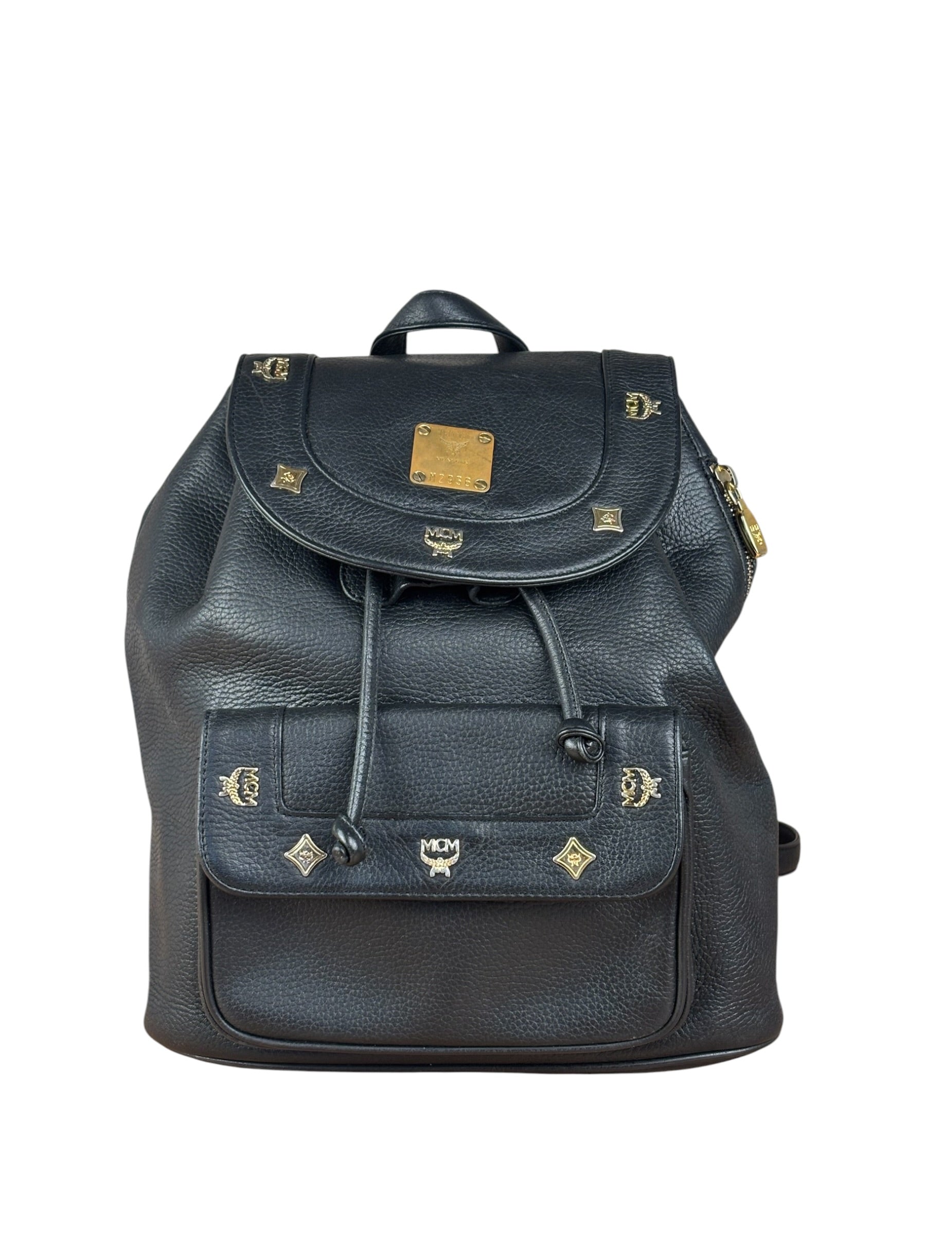 MCM Vintage Black Leather Studded Drawing Backpack
