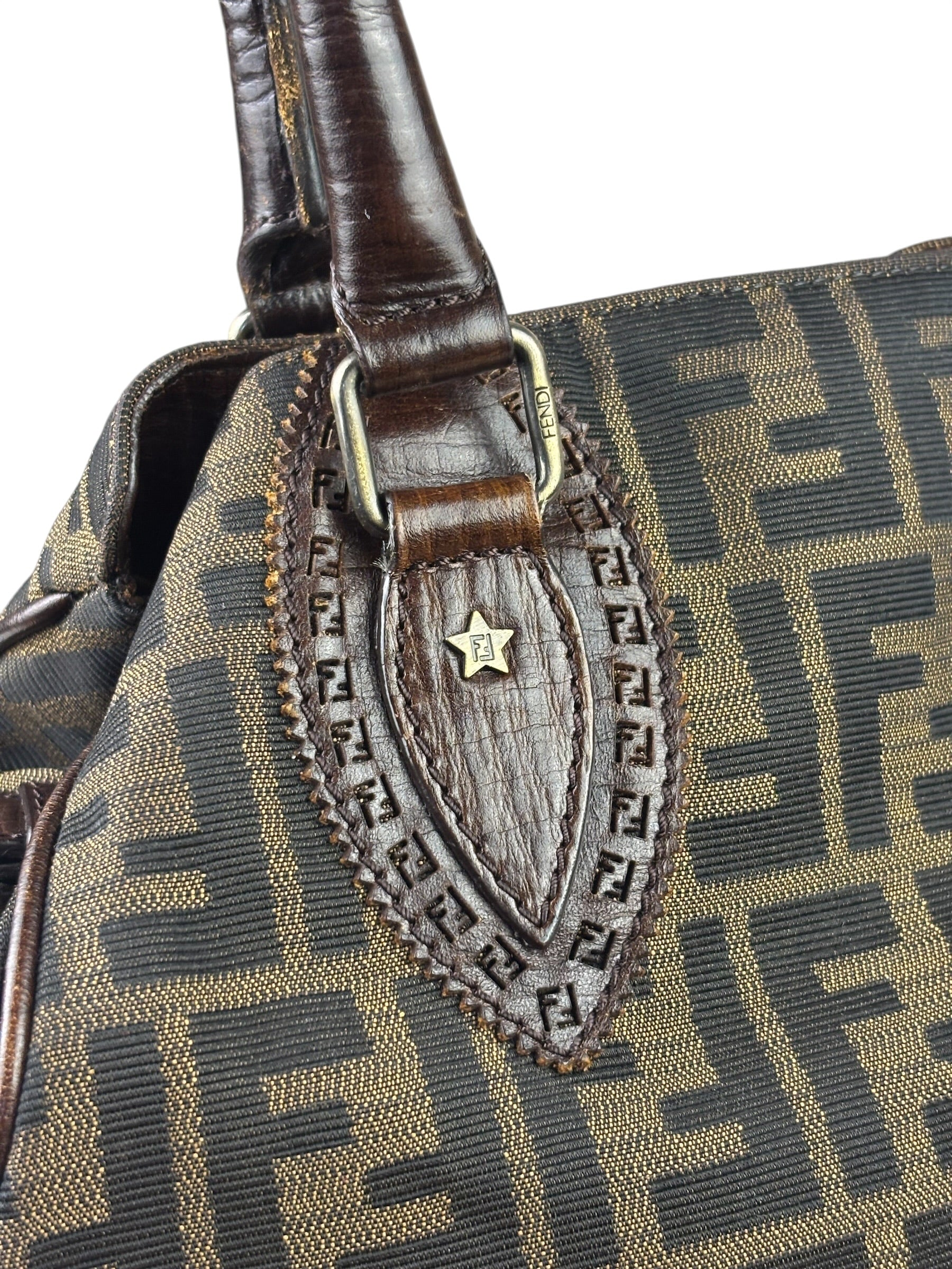 Fendi Vintage Brown Leather Trim Zucca De Jour Media Tote