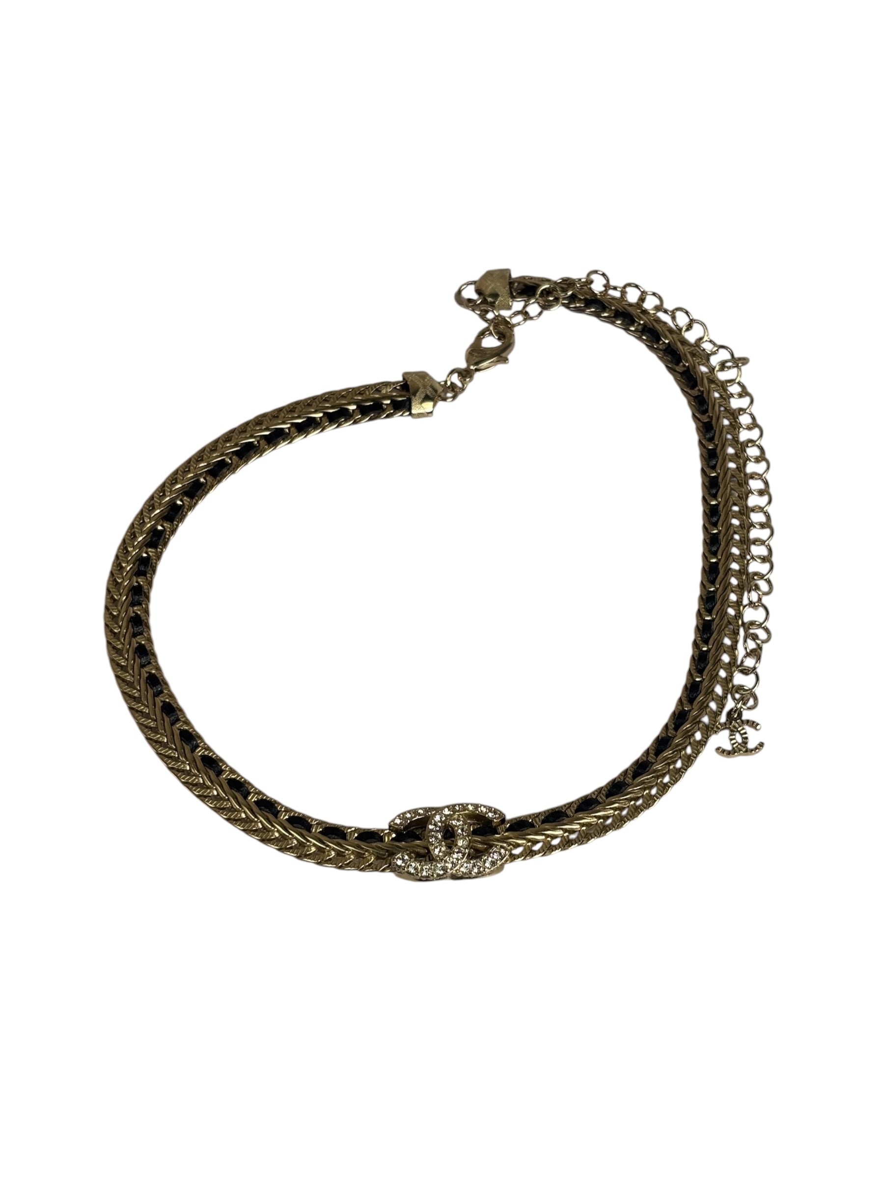 Chanel Black Leather Trim Gold-Tone Chain Choker 22S