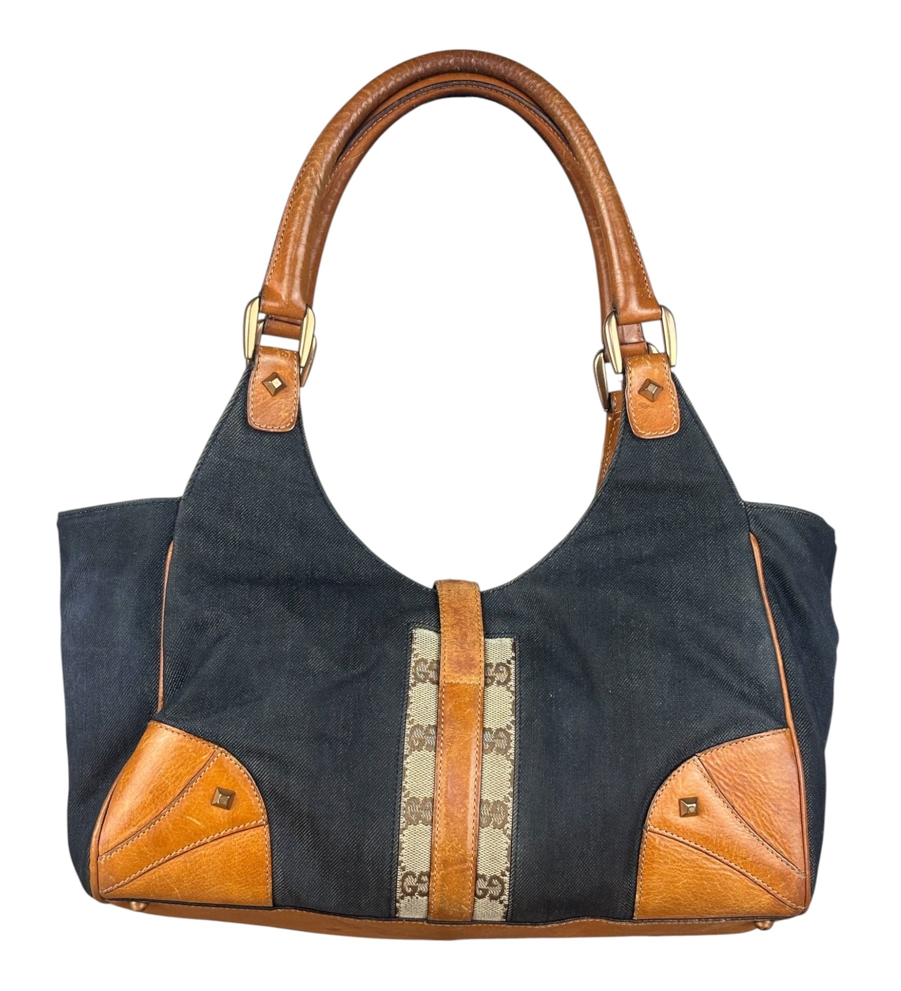 Gucci Vintage Denim Leather Trim Jackie Shoulder Bag