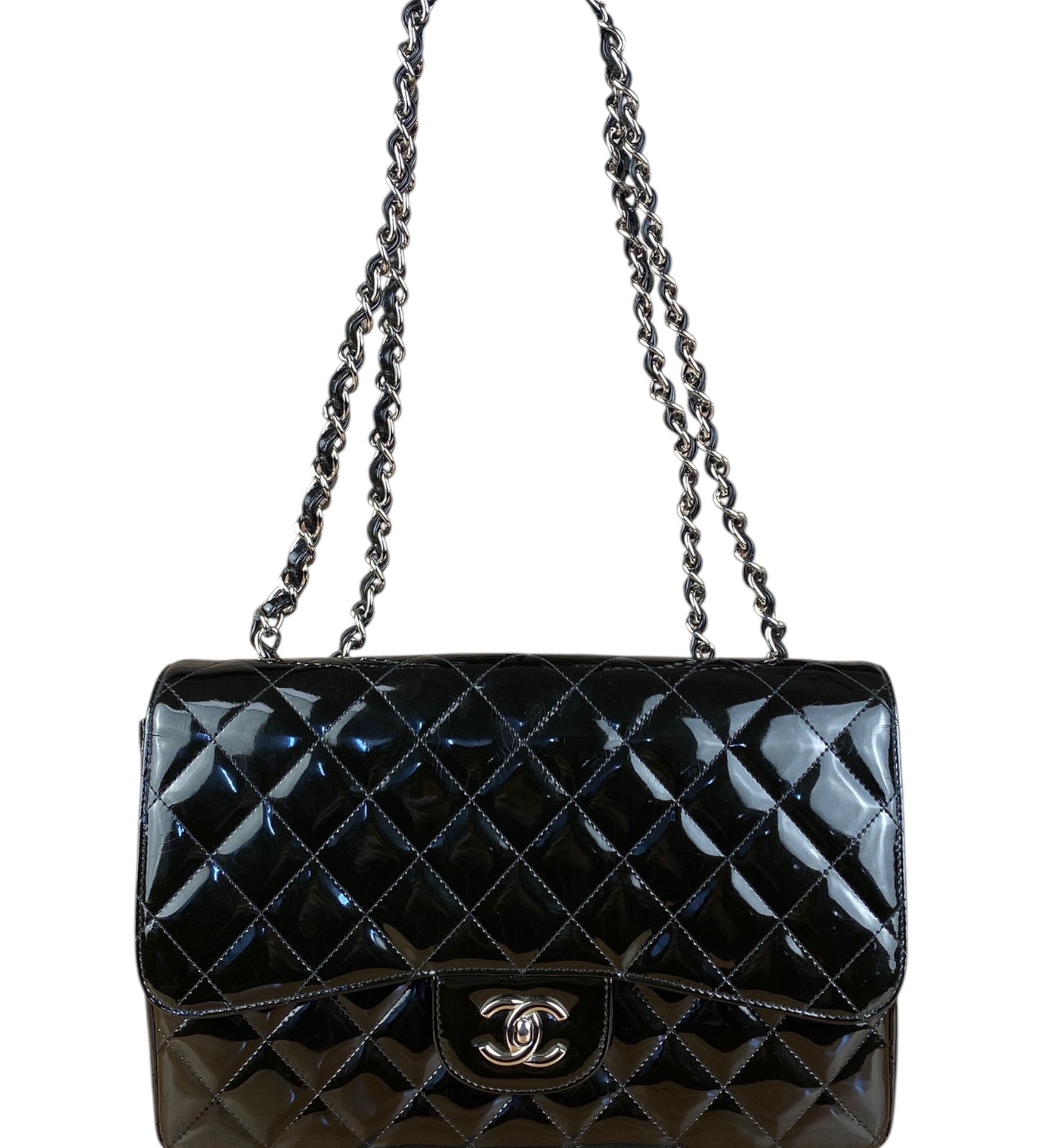 Chanel Black Patent Quilted Leather Classic Flap Bag 2009