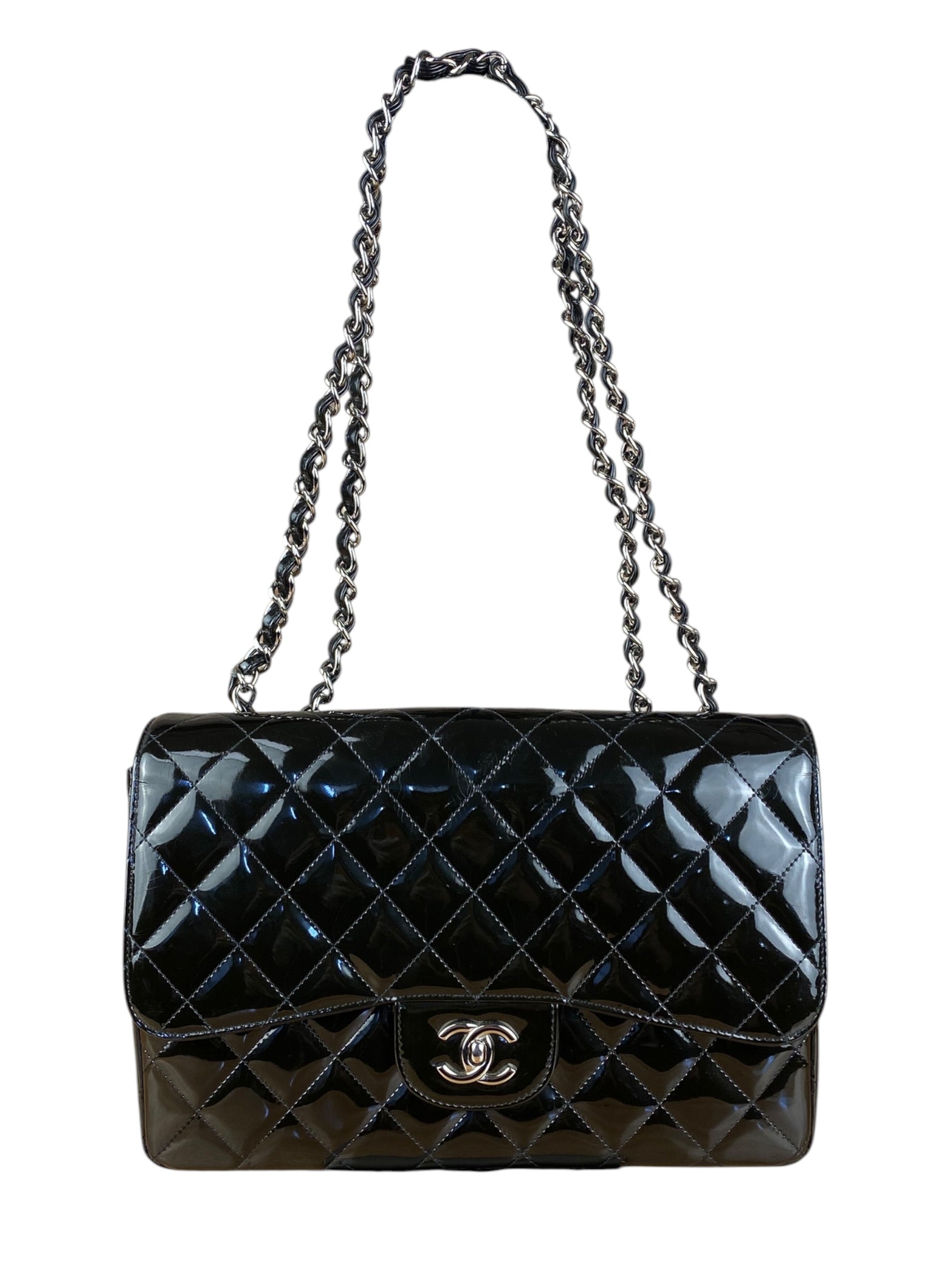 Chanel Black Patent Quilted Leather Classic Flap Bag 2009